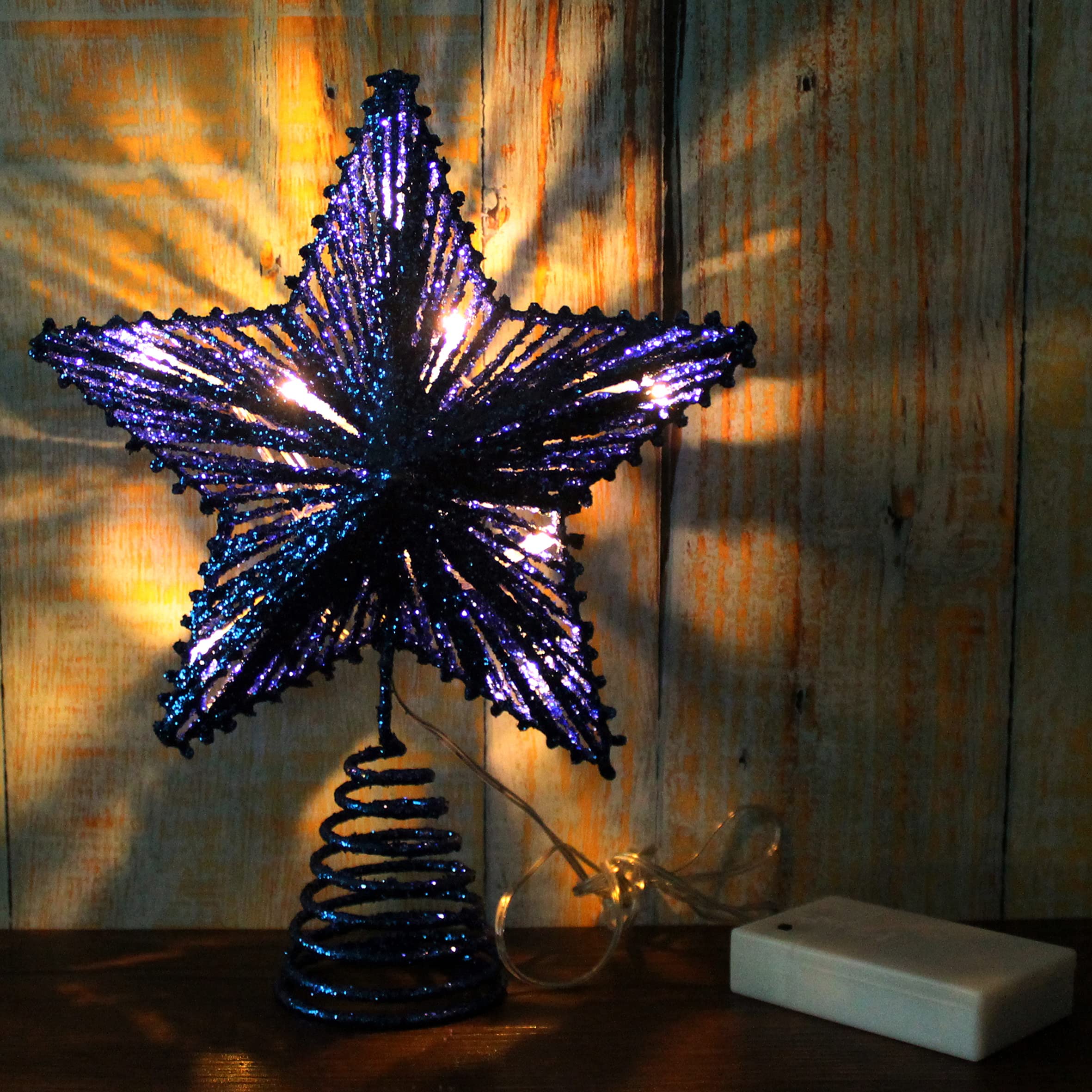 CVHOMEDECO. Blue Glittered 3D Tree Top Star with Warm White LED Lights and Timer for Christmas Ornaments and Holiday Seasonal D
