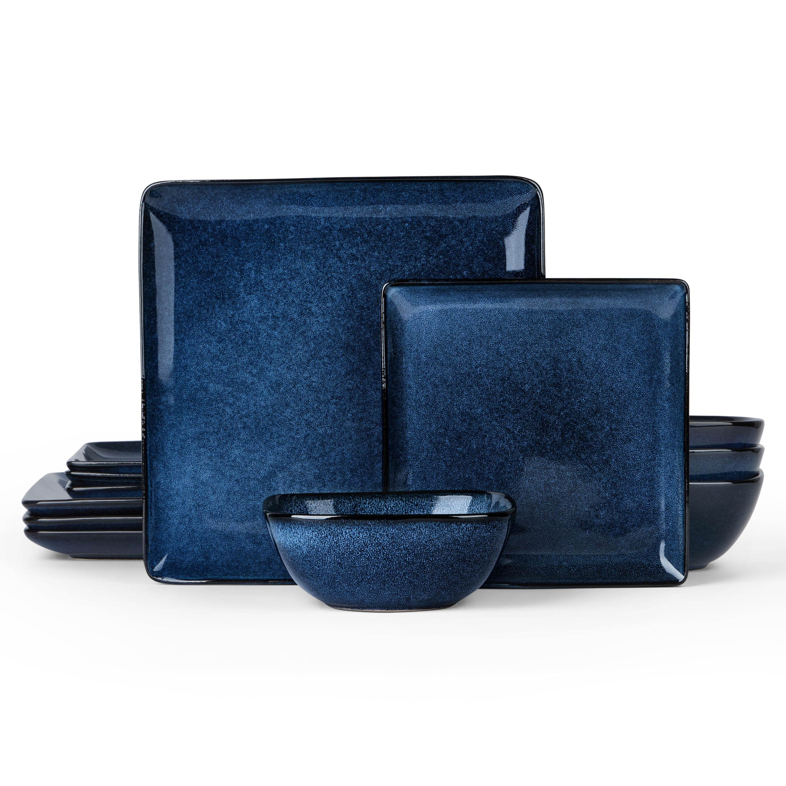 E-far Square Plates and Bowls Sets, 12-Piece Stoneware Dinnerware Sets for 4, Reactive Glaze Dish Set, Chip and Scratch Resistan