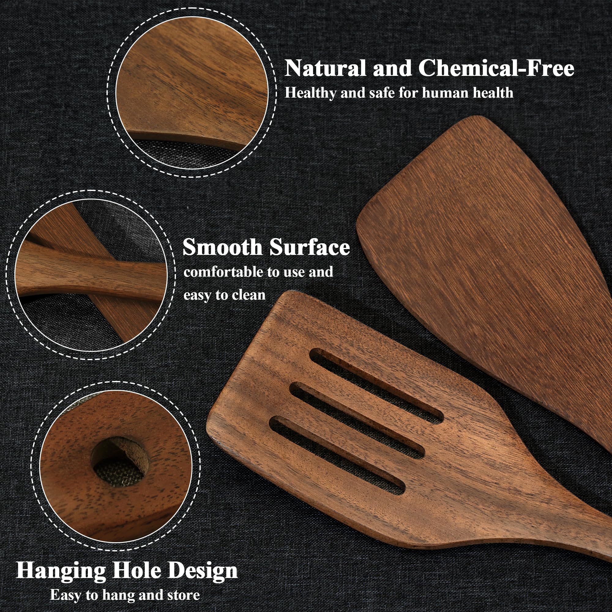 Wooden Spatula Nonstick Turner Acacia Wood, 12 Long Handle Flat Frying Spatulas Handmade for Kitchen Gifts, Ideal Cookware Utens