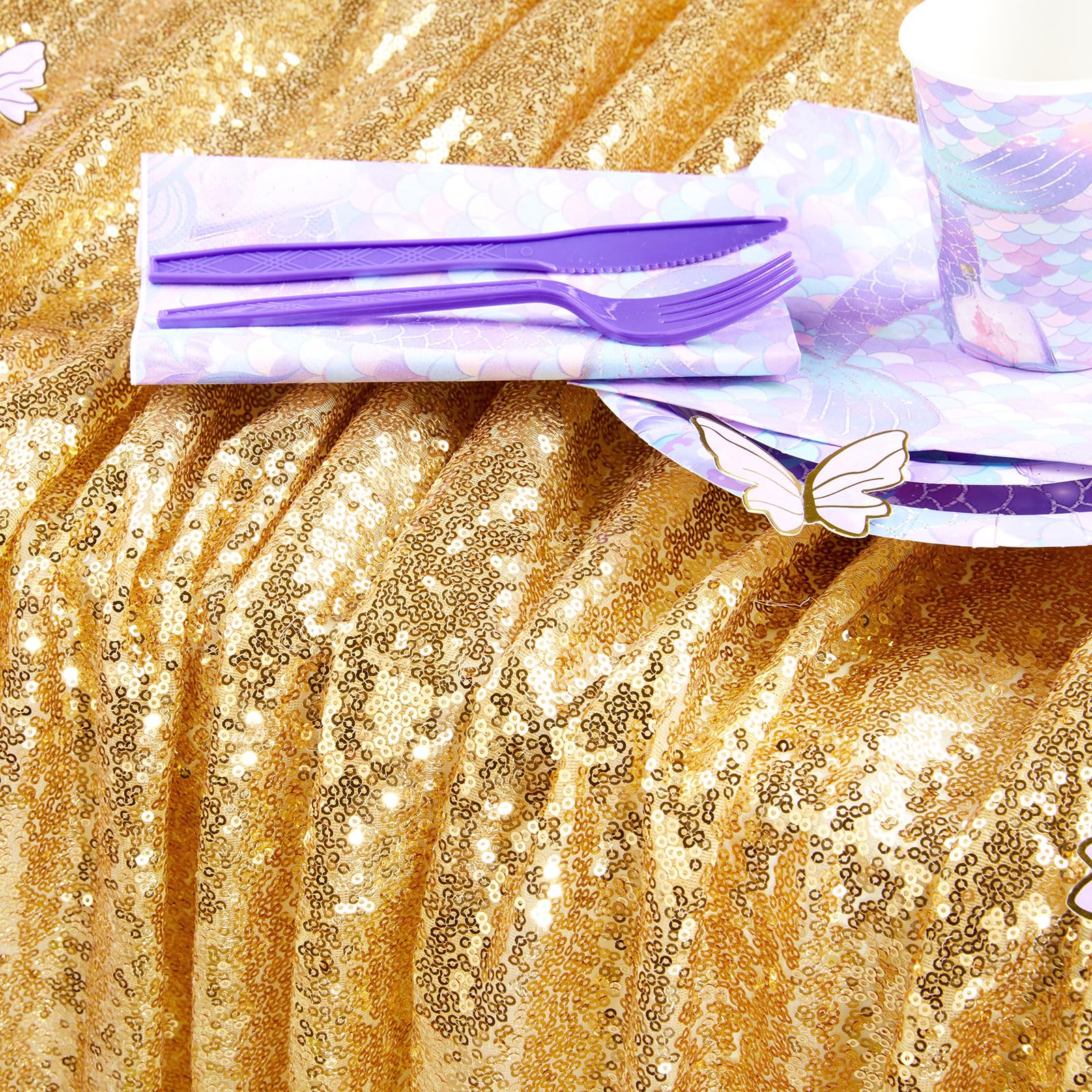 Queendream Gold Table Cloth Party Decorations: Sequin Fabric 90X90 Inch Sparkle Tablecloths - Gold Drapes Wedding Overlay