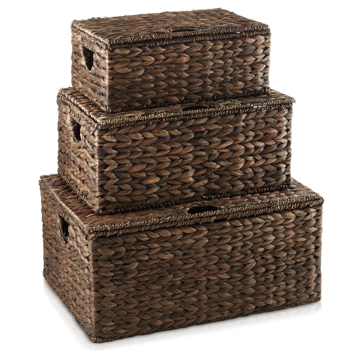 Casafield Set Of 3 Water Hyacinth Rectangular Storage Baskets With Lids (Small/Medium/Large), Multipurpose Decorative Shelf Orga