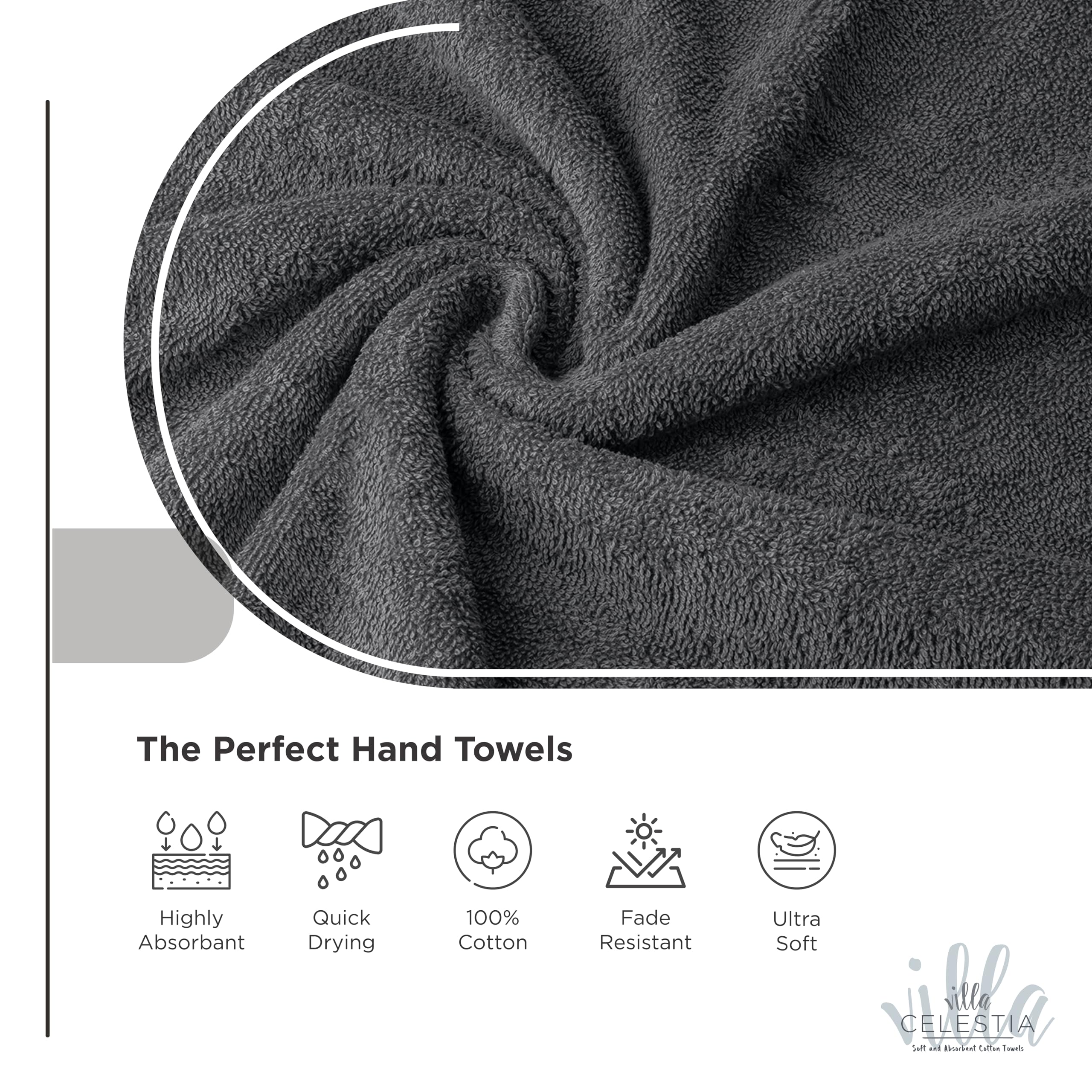 Villa Celestia 100% Cotton Hand Towel Set Of 4, (16 X 28 Inches) Sustainable, Soft, Highly Absorbent, Quick Drying, Combed Cotto