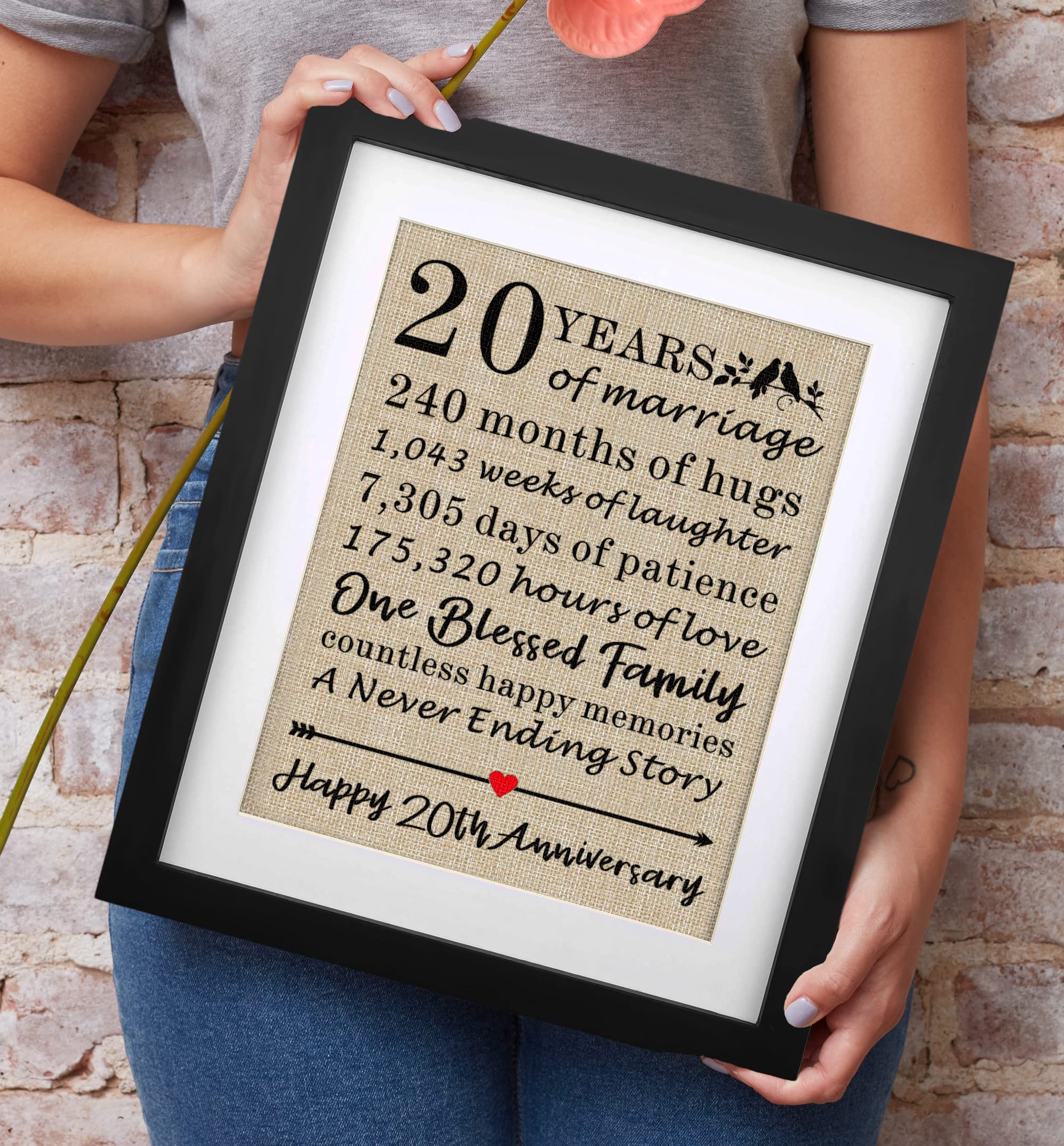 Framed 20Th Anniversary Burlap Print Gifts For 20Th Wedding Anniversary Keepsake Gift For Husband Wife 20Th Anniversary 20 Years