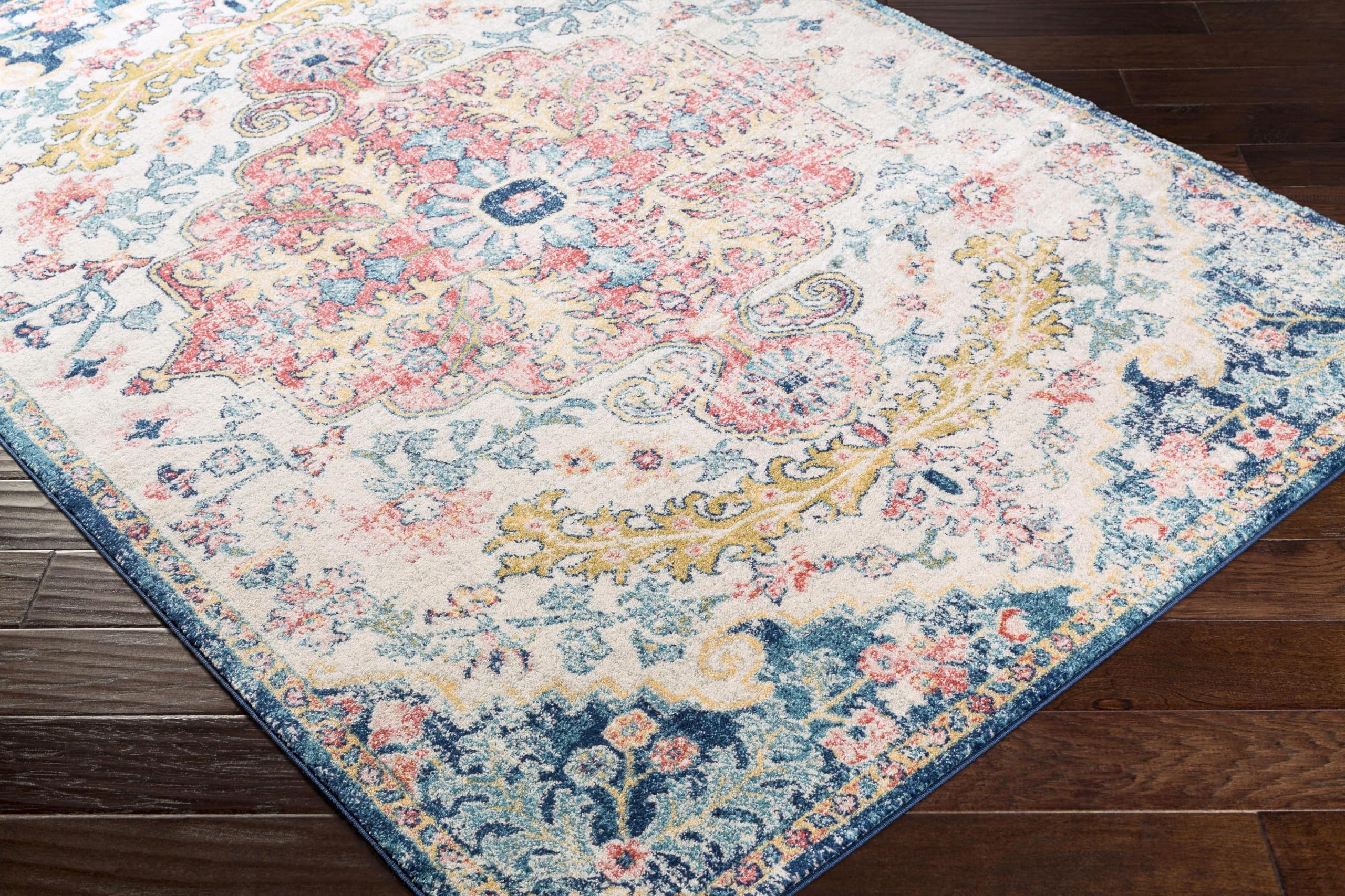 Livabliss Area Rugs - 9x12 Odelia Vintage Boho Aqua Burgandy Blue Area Rug for Living Room Bedroom - Floral Medallion Stain Resi