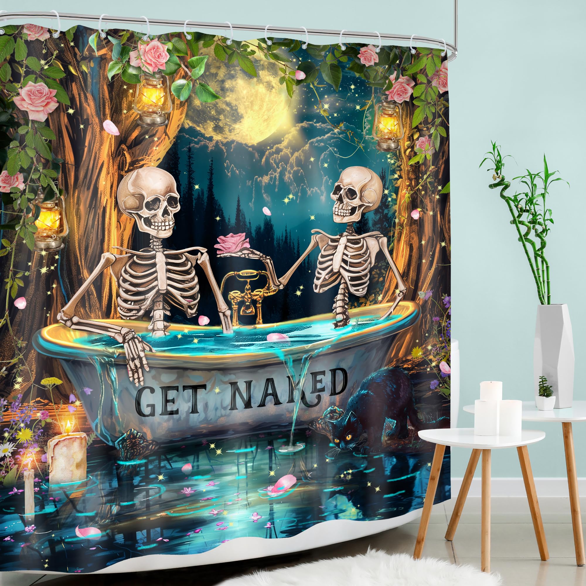 Mitpok Gothic Skull Skeleton Shower Curtain 72Wx72H Funny Spooky Witchy Halloween Moon Night Retro Floral Tree Bathroom Decor My
