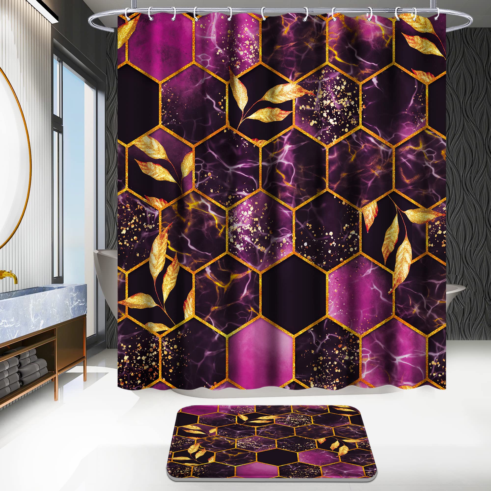 Poedist 4 Pcs Bathroom Shower Curtain Set Purple Honeycomb Marble Bathroom Sets with Rugs(Bath Mat U Shape and Toilet Lid Cover Mat) and 12 Durable Hooks