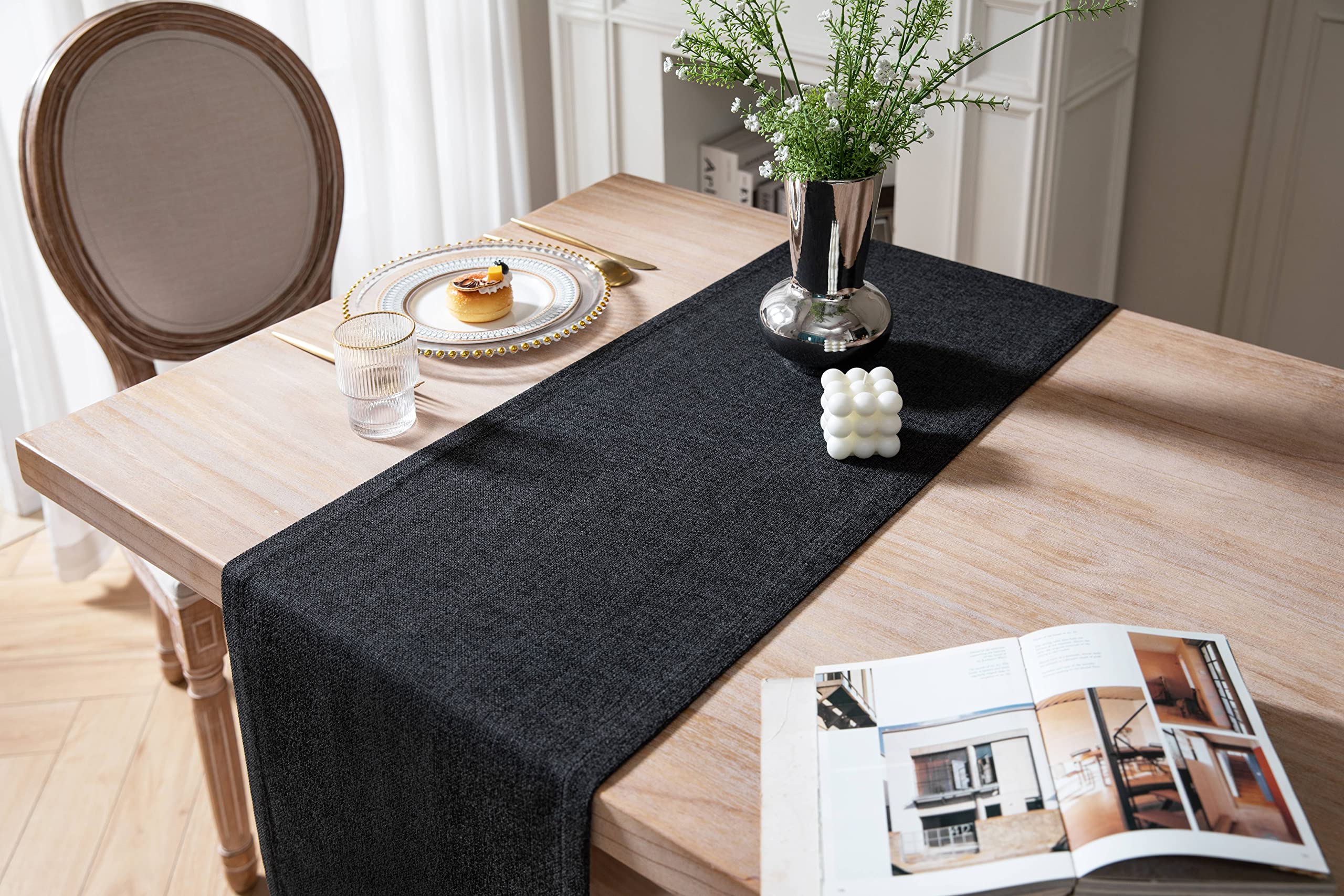 Zeemart Burlap Style Farmhouse Table Runners 60 Inches Long, Black Rustic Woven Dining Table Runner For Everyday Use, 14X60 Inch