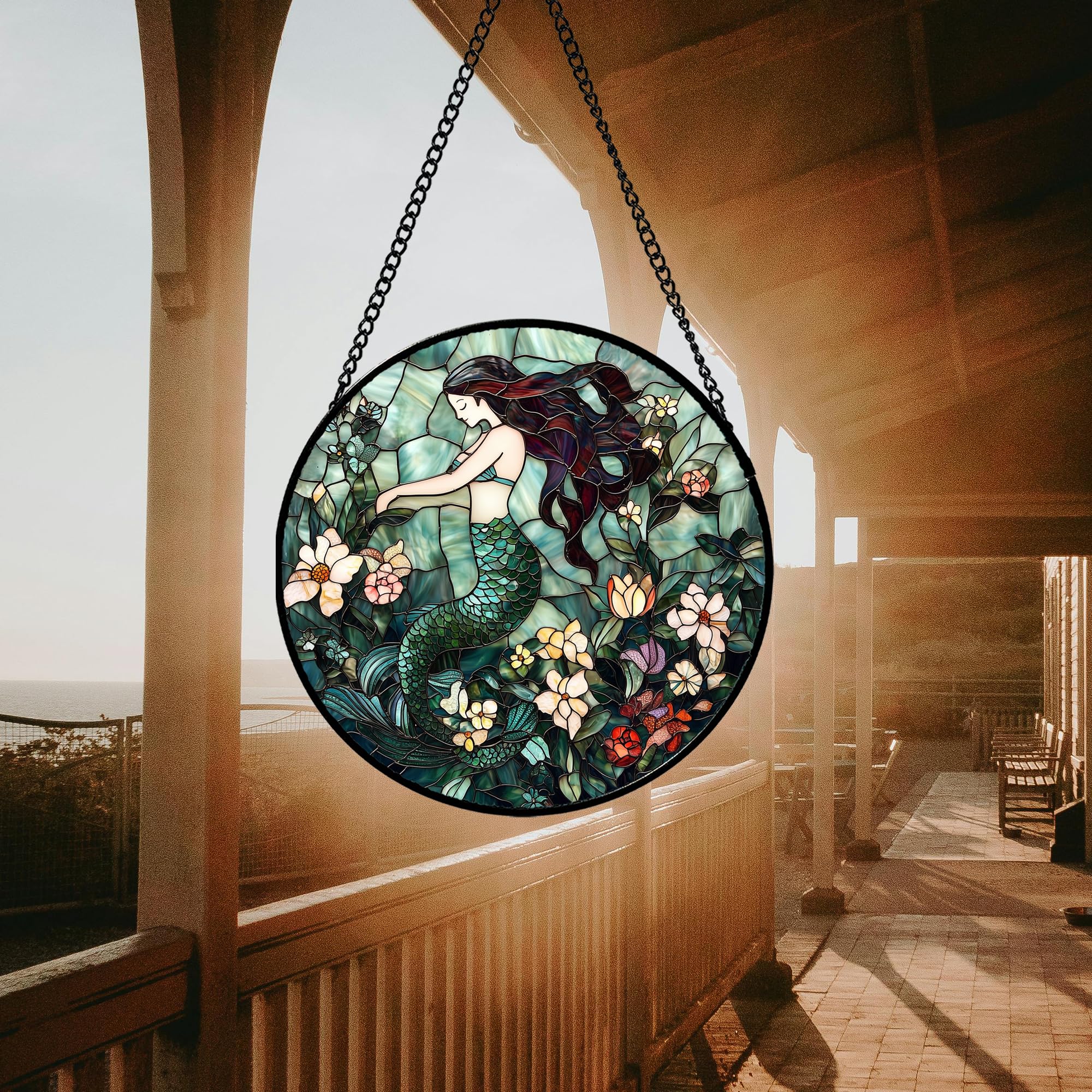 JOSUMALY Stained Glass Window Hanging - Teal Sleeping Mermaid Suncatcher for Door Terrace Garden Home Decor, Sea of Flowers Sun