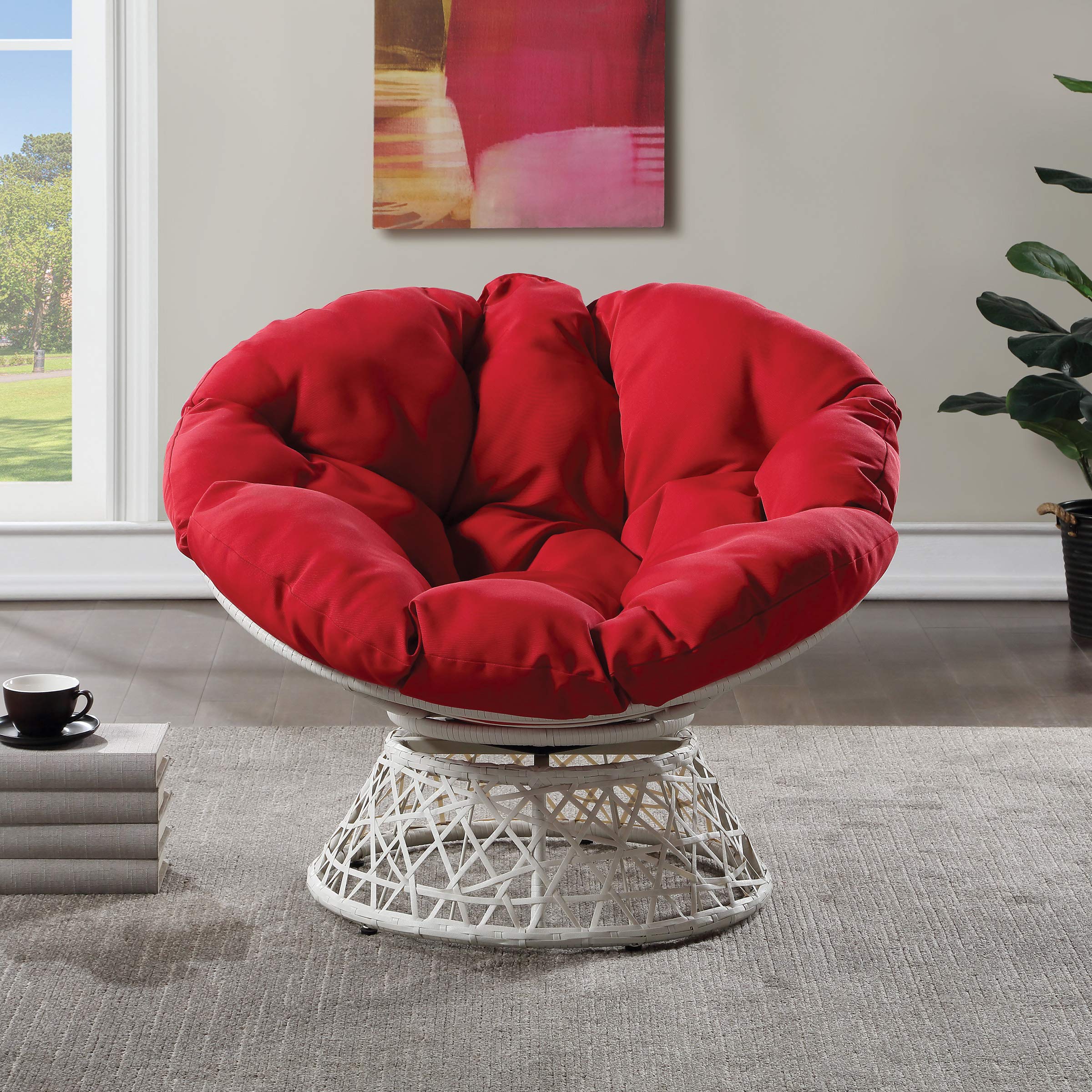 Osp Home Furnishings Wicker Papasan Chair With 360-Degree Swivel, 40A W X 36A D X 3525A H, Cream Frame With Red Cushion