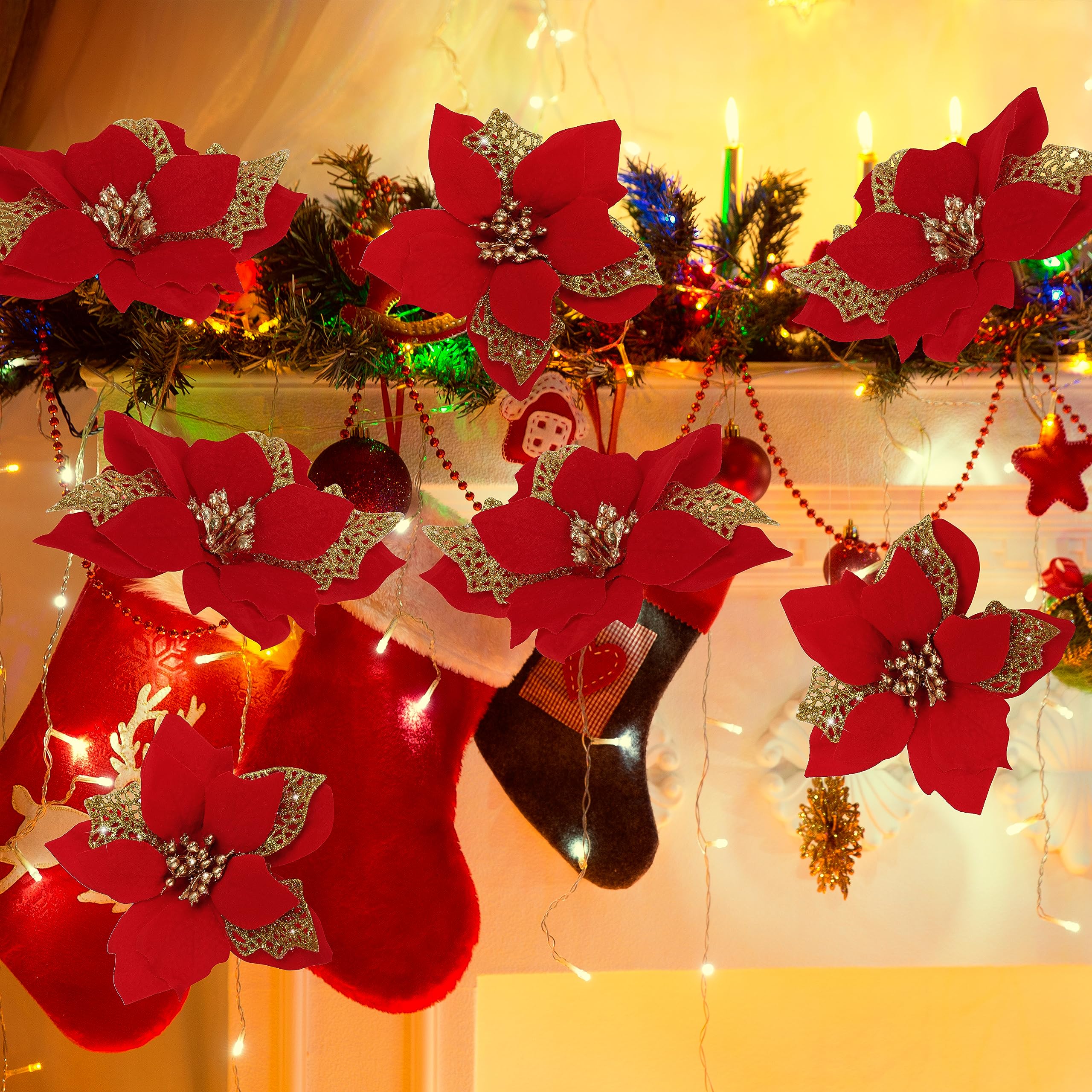 12 PCS Poinsettia Flower Artificial Poinsettia Christmas Decoration 5.9 Red Glitter Poinsettias Christmas Ornaments Christmas