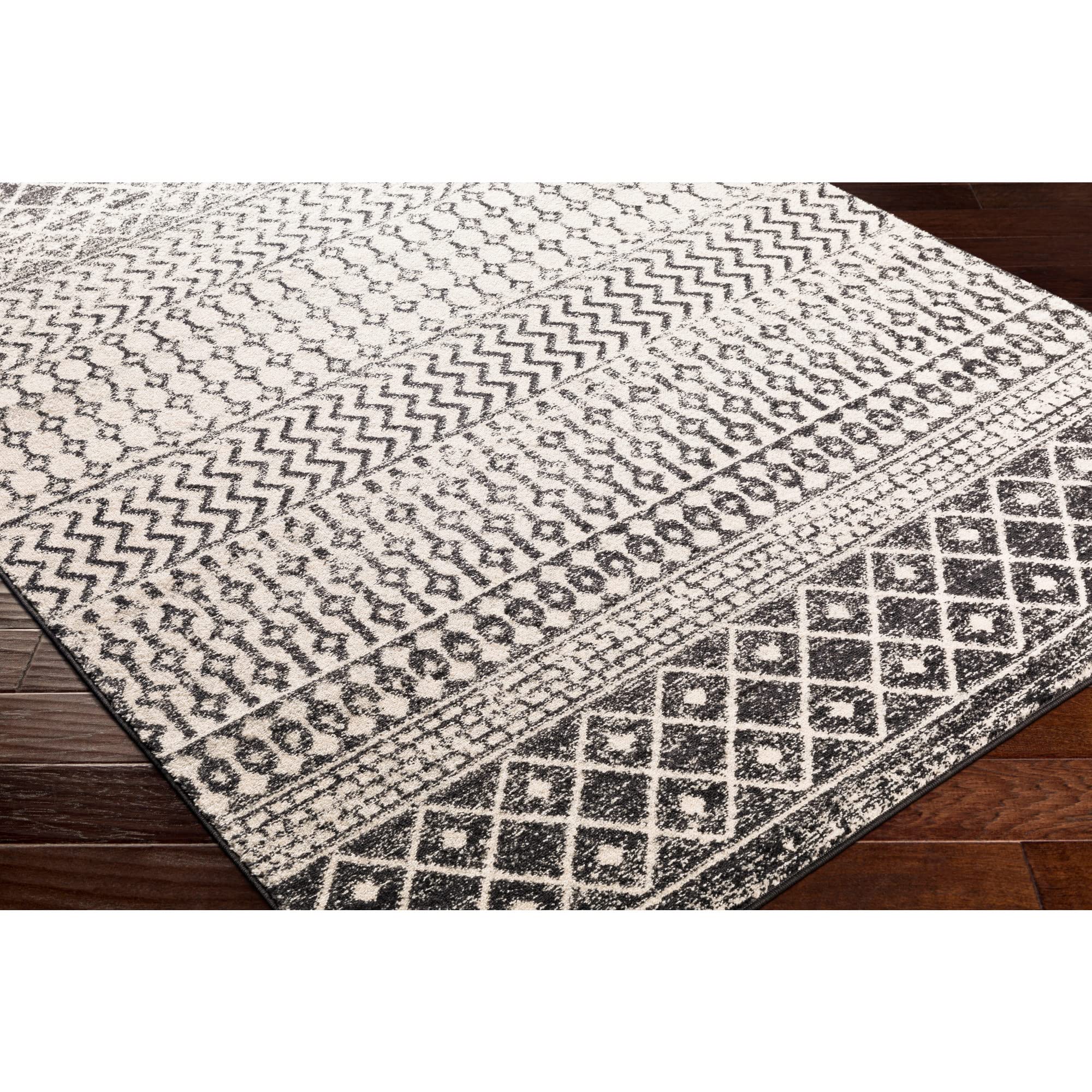 Livabliss Area Rugs - 10ft Round Chester Boho Moroccan Black Rug for Living Room Bedroom - White Grey Geometric Stain Resistant