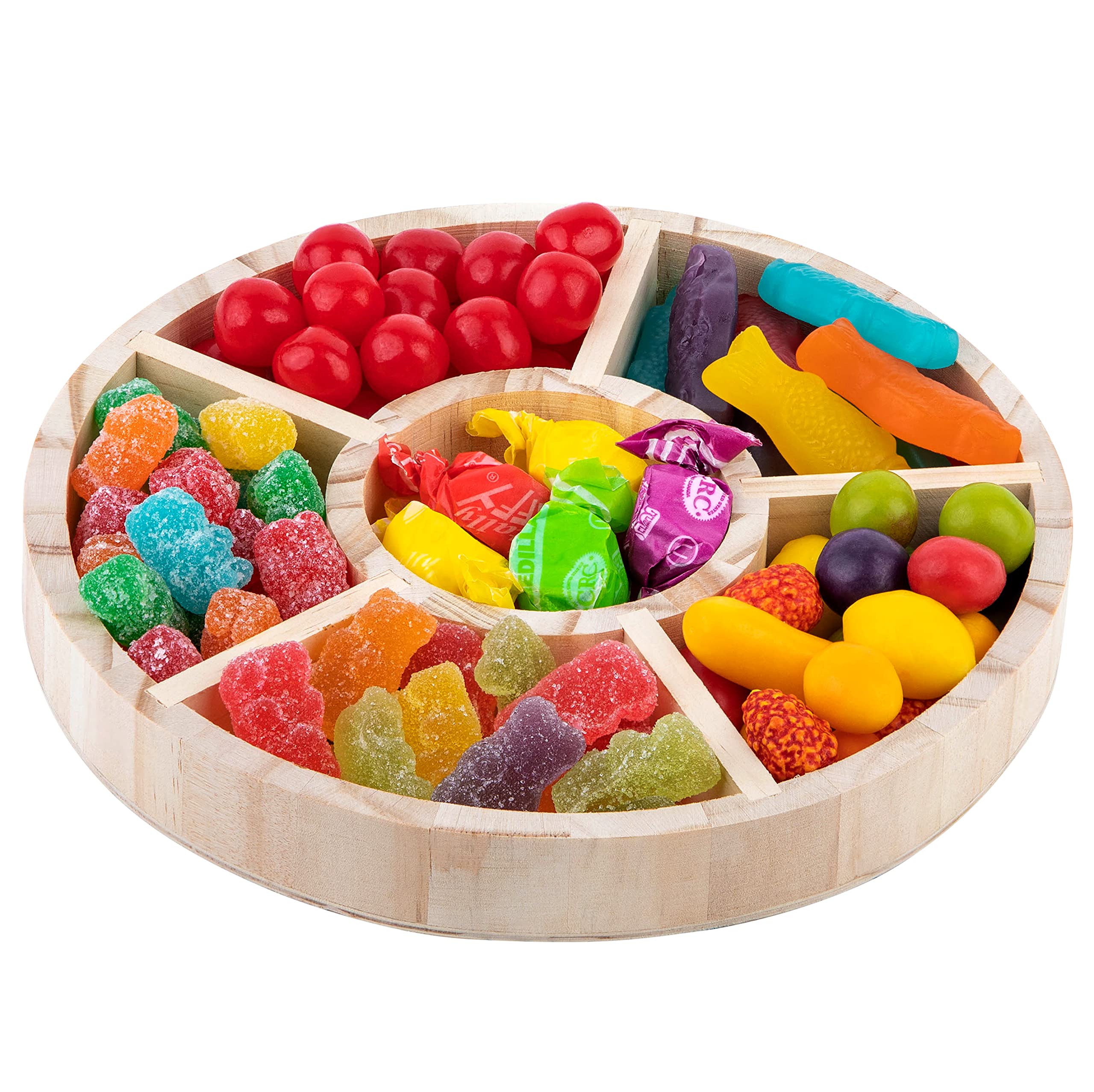 Wooden Tray With 6 Sections - 3 Pack Round Tray Chip And Dip Platter - Divided Serving Tray For Appetizers & Snacks - Veggie Pla