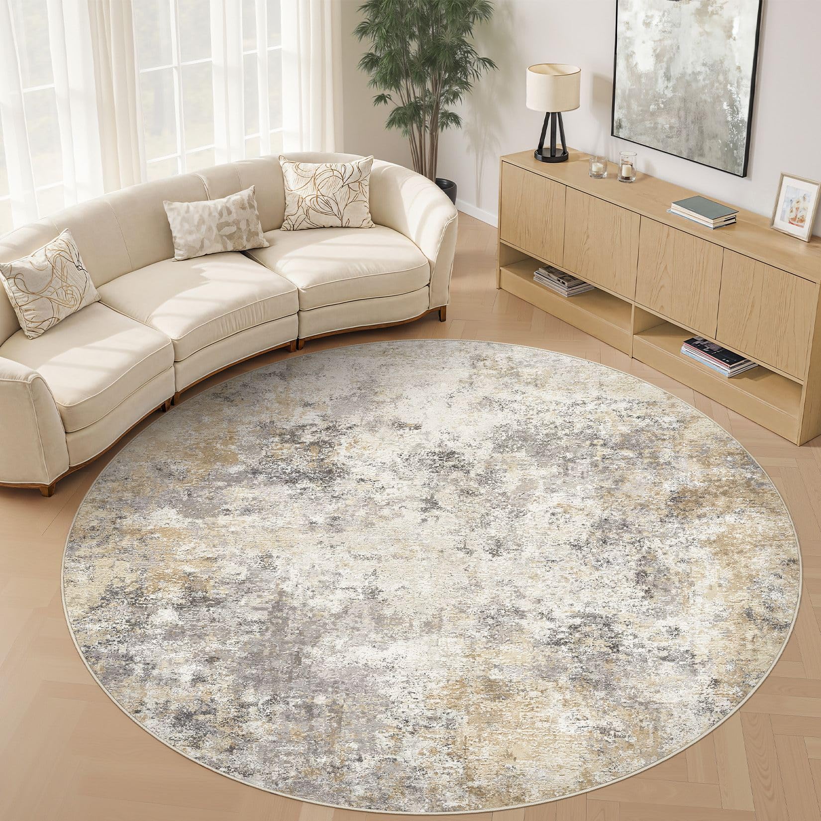 UERMEI 10ft Round Area Rug Living Room Rugs - 10x10 Washable Large Neutral Modern Abstract Soft Thin Rug Indoor Floor No Slip Ru