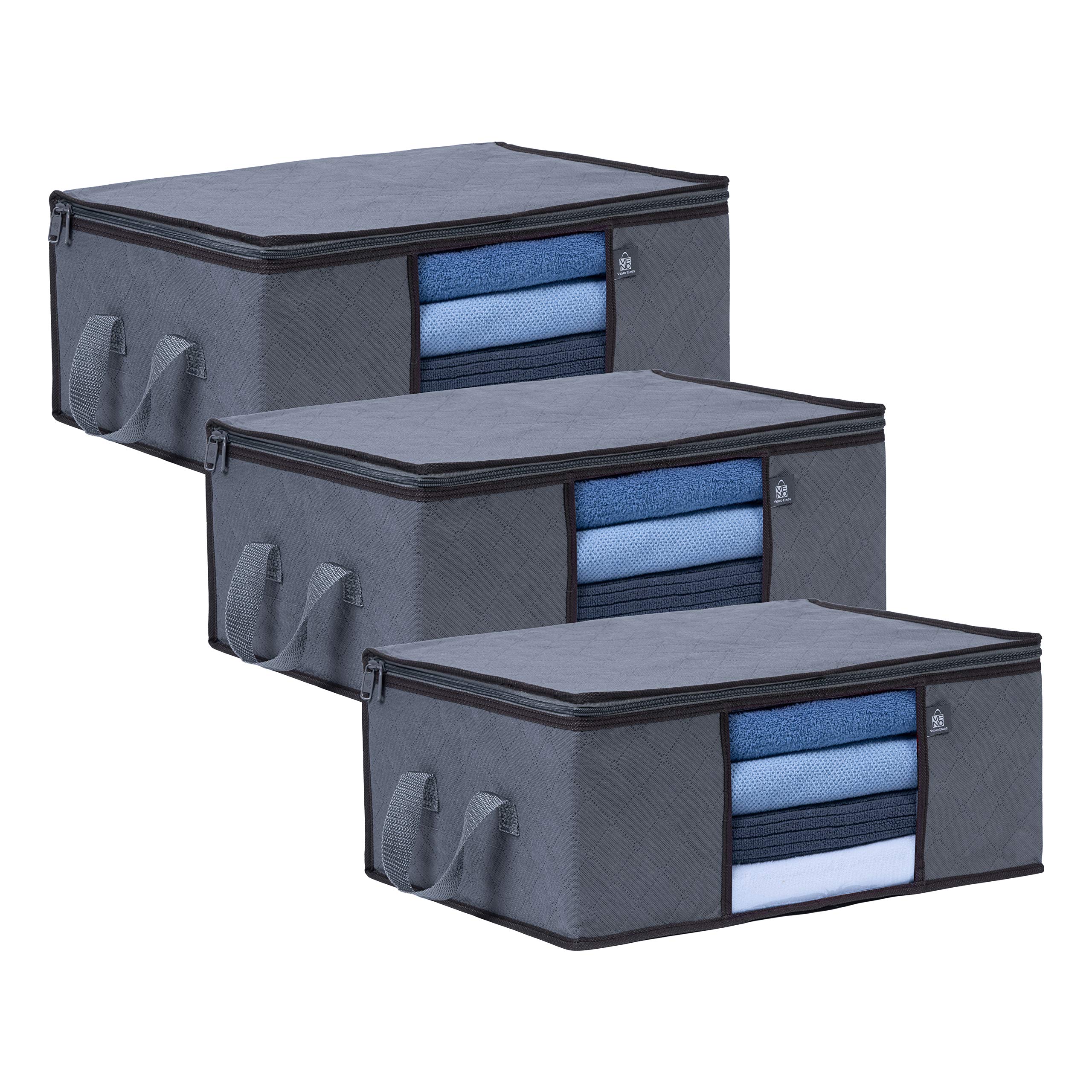 VENO 3 Pack Medium Clothes Storage Bag Organizer with Reinforced Handle Thick Fabric for Comforters, Blankets, Bedding, Foldable