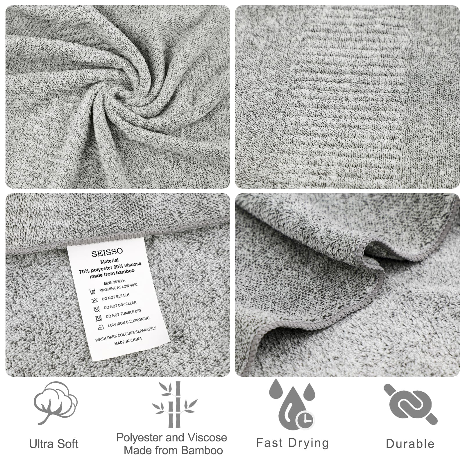 SEISSO Bath Towels  Extra Absorbent & Quick Drying Towels for Bathroom  Viscose Made from Bamboo Soft Bath Sheet (35 x 63inch)  Premium Towel Multipurpose Use for Fitness  Spa  Yoga  Grey (2pack)