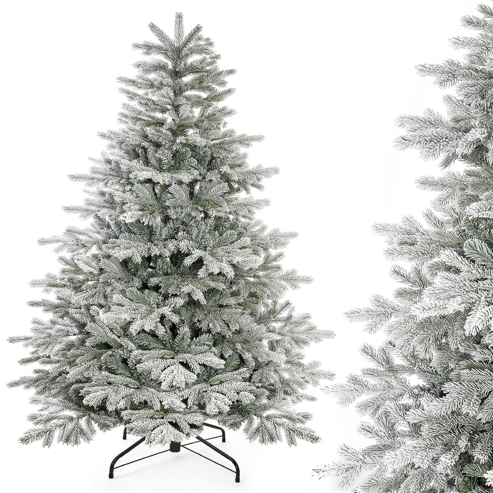 Decoway 6ft Artificial Christmas Tree, Unlit Snow Flocked Xmas Tree with 1571 Branch Tips and Sturdy Metal Stand for Indoor Outd