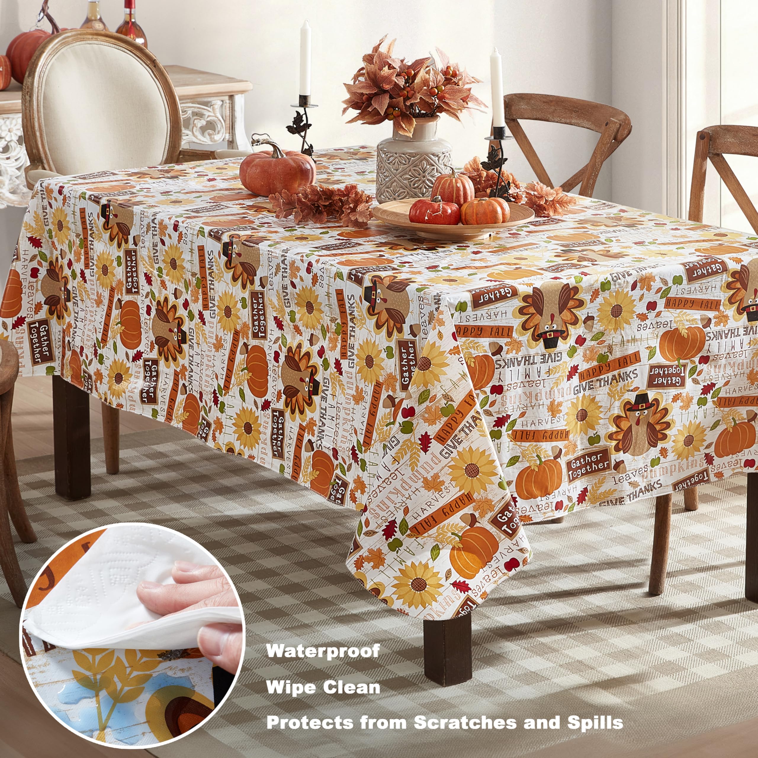 Newbridge Happy Thanksgiving Turkey Vinyl Tablecloth with Flannel Backing, 60 x 84 Inch Rectangle - Whimsical Fall Harvest Kitch