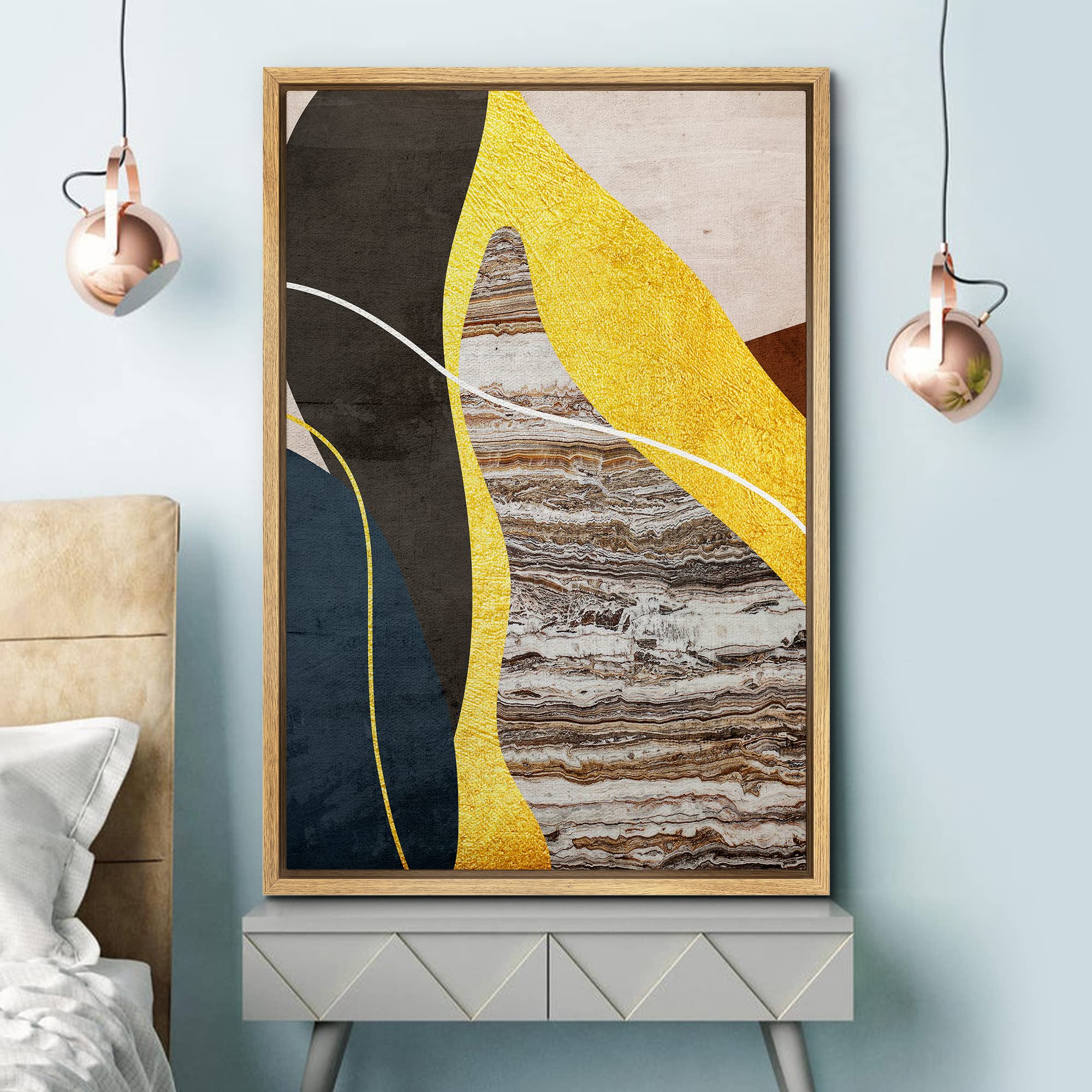 Signford Framed Canvas Print Wall Art Gold Brown Marble Granite Landscape Abstract Shapes Illustrations Modern Art Decorative Bo