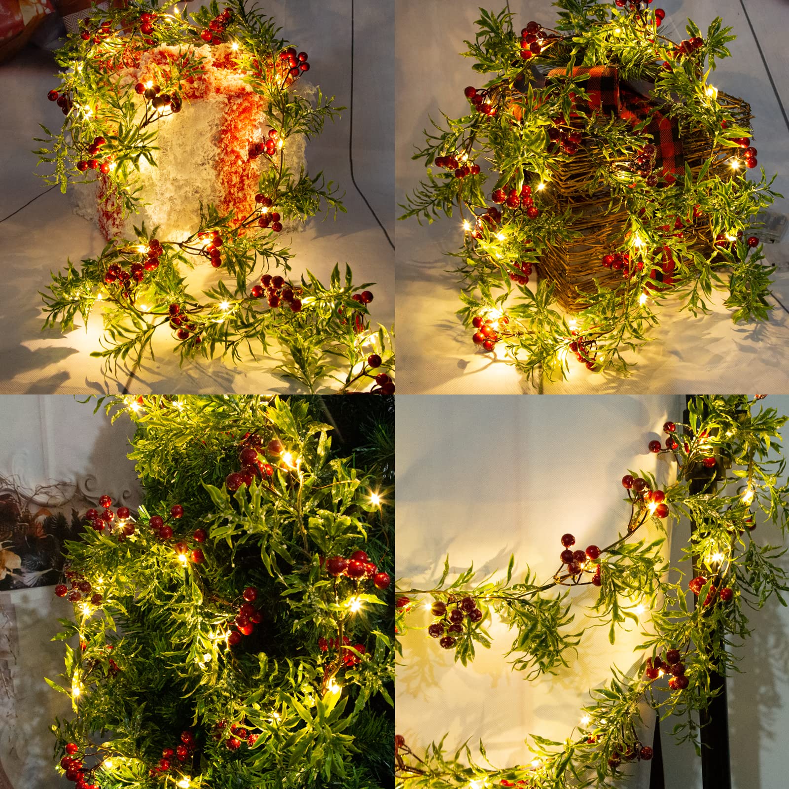 5.9FT Artificial Christmas Garland String Lights with 162 Snowy Red Berries 55 Green Leaves 20 LED Lights Battery Operated for X