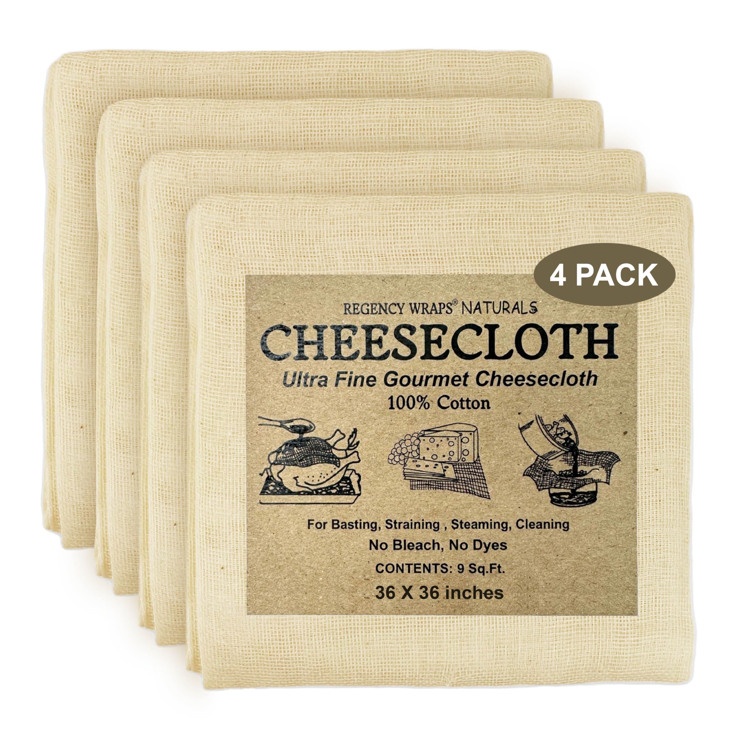 Regency Wraps 100% Cotton Ultra Fine Natural Cheese Cloth, 36 Sq.Ft 36'' X36'' 4 Pcs, Chef Grade For Basting Turkey, Canning, St