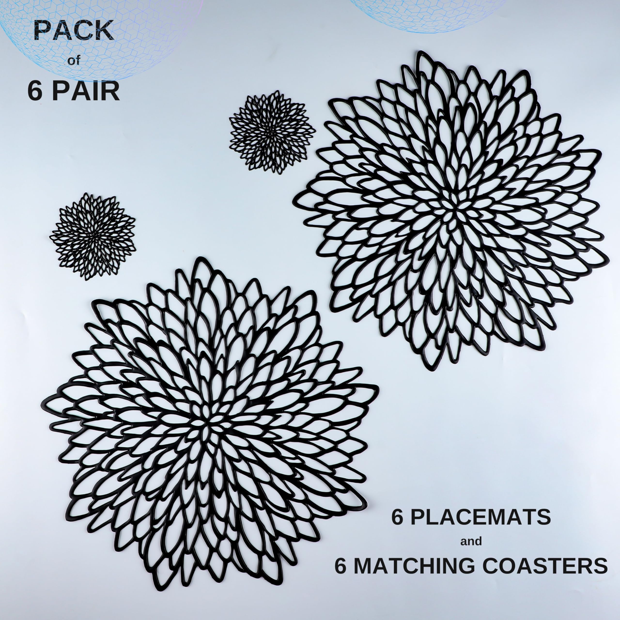 Snowkingdom 6 Pairs Black Placemats & Coasters 12 Pcs Matching Washable Pressed Vinyl Laser Cut Dining Table Mats Round Floral C