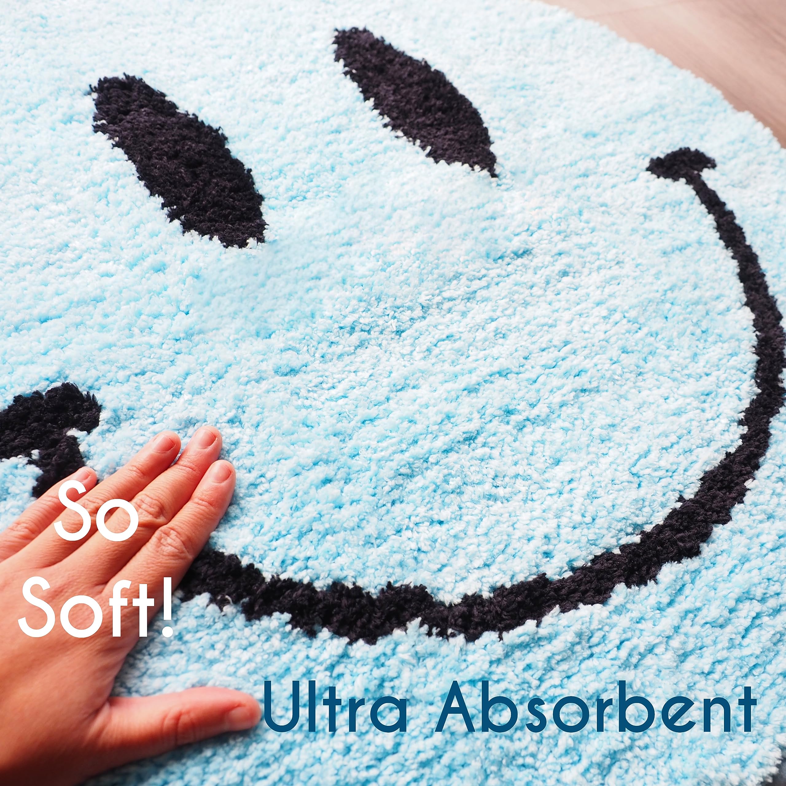 Evovee Blue Bath Mat Rug Funny Happy Cute Bathroom Decor Face Shower Rugs Retro Funky Bedroom Aesthetic Fun Round Preppy Cool Ap