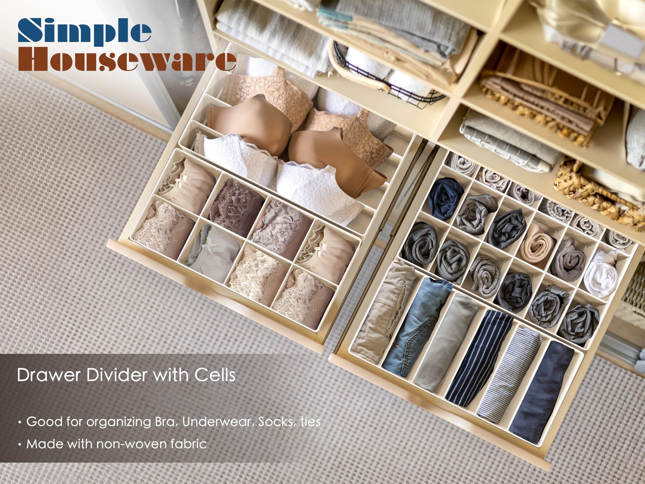 Simple Houseware Closet Underwear Organizer Drawer Divider 4 Set, Beige