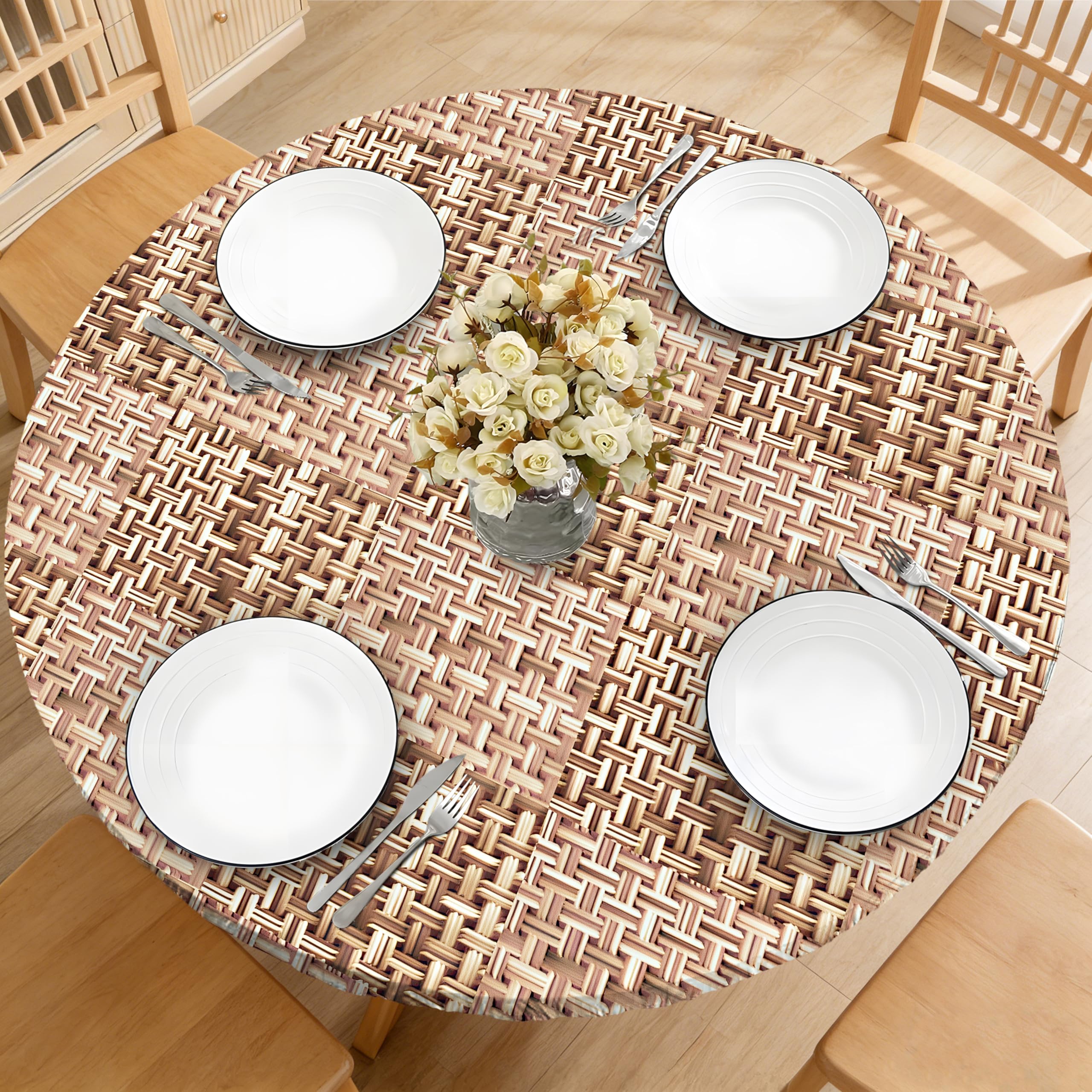 BOOWEATS Weave Printed 48 Inch Round Fitted Cloth Tablecloth with Elastic Edged, Waterproof Oil Proof Wipeable Table Cover for I