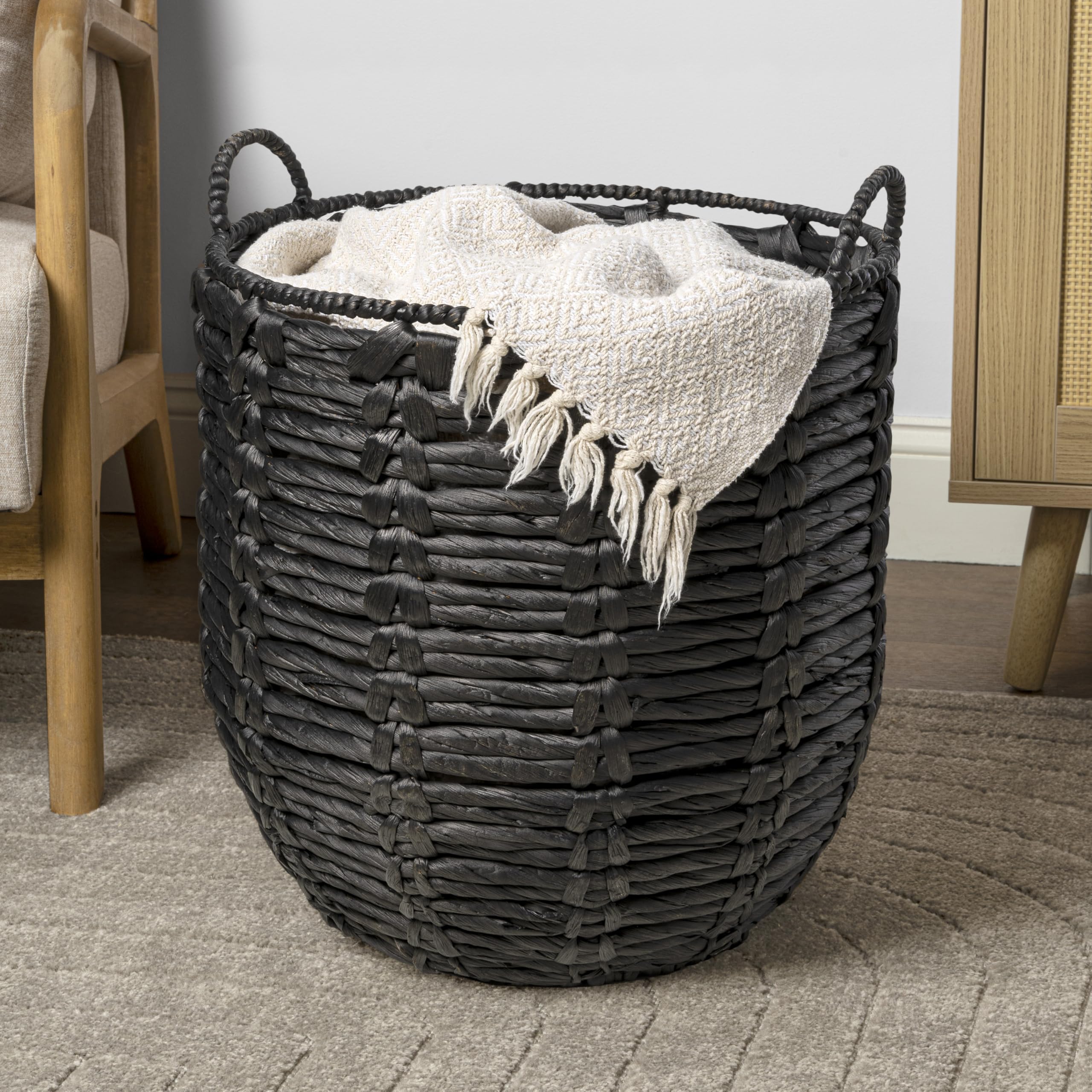 Happimess Bsk1003C Laurel 19.49 Bohemian Handwoven Abaca Hamper Basket With Handles, Seagrass Container For Decoration In Bedroo