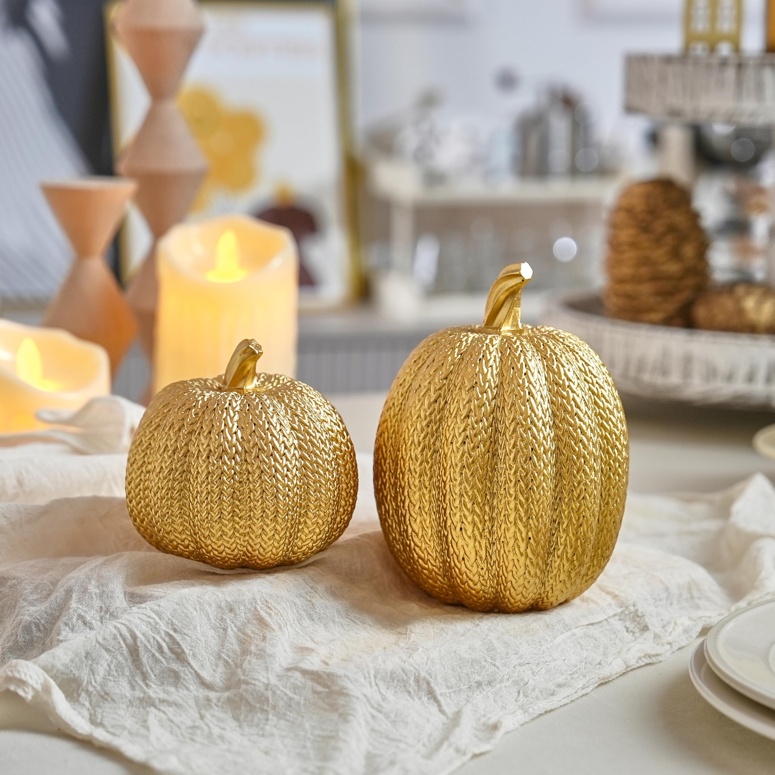 FESTGLOX Pumpkin Fall Decor Indoor - Gold Pumpkin for Decorating, 2Pcs Resin Pumpkins Decor with Woven Effect, Thanksgiving Tabl