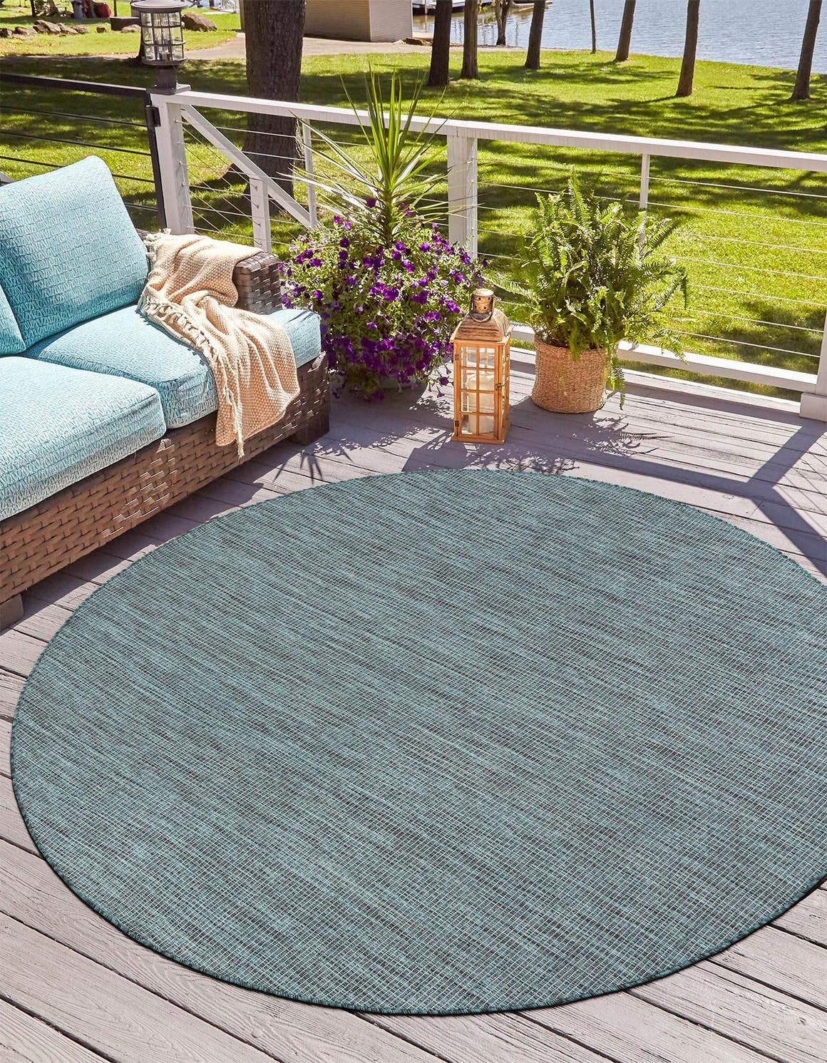 Unique Loom Outdoor Solid Collection Area Rug (4 1 Round Teal/Navy Blue)