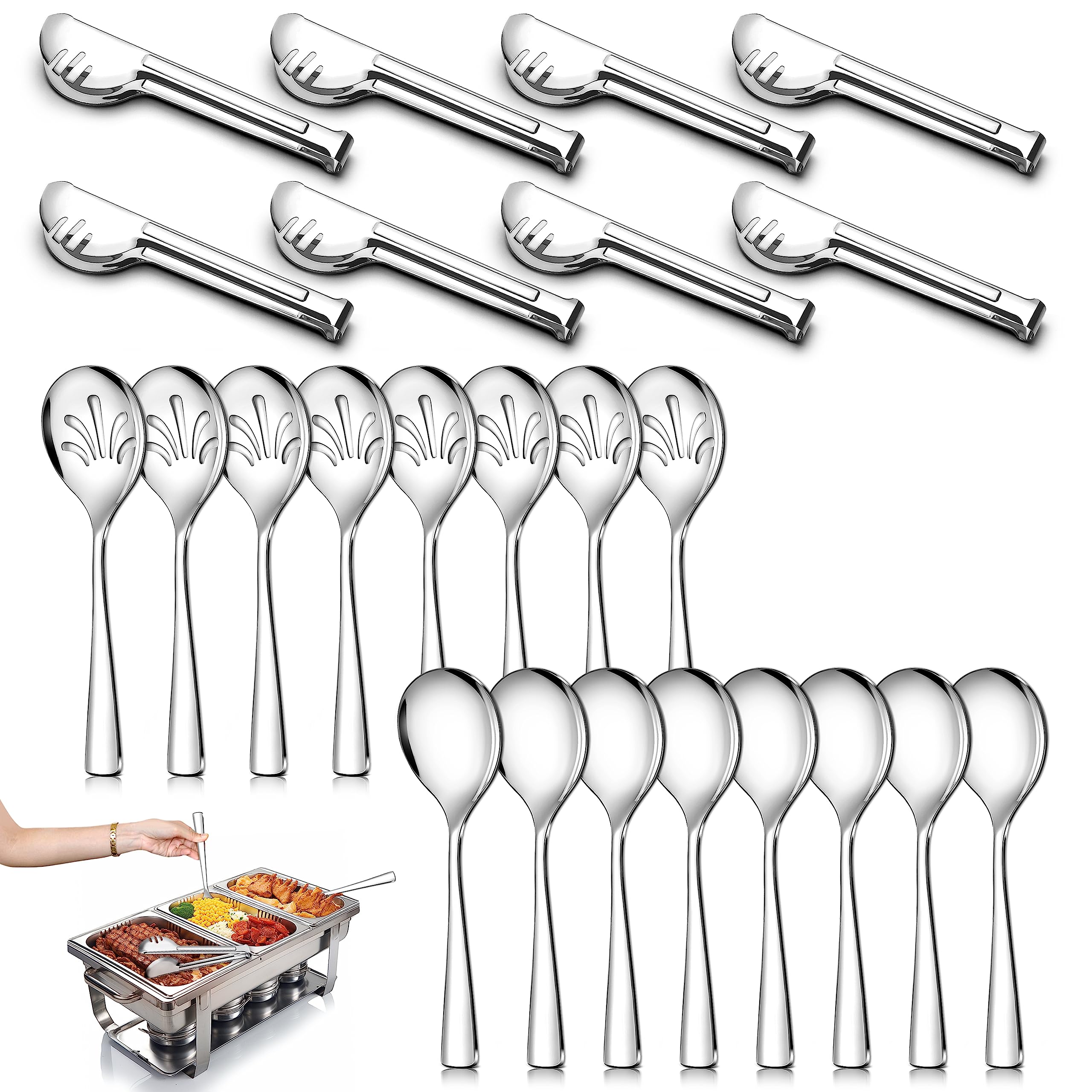 24 Pack Stainless Steel Large Serving Utensils Set - 10'' Serving Spoons X 8, 10'' Slotted Spoons X 8, And 9'' Serving Tongs X 8