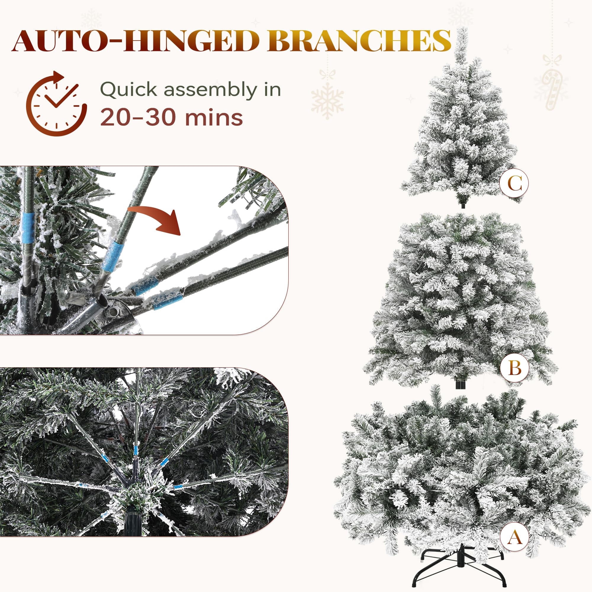 YITAHOME 6 FT Prelit Snow Flocked Christmas Tree with Remote, Hinged Pine Christmas Tree with 250 Warm White/Multicolor Changing