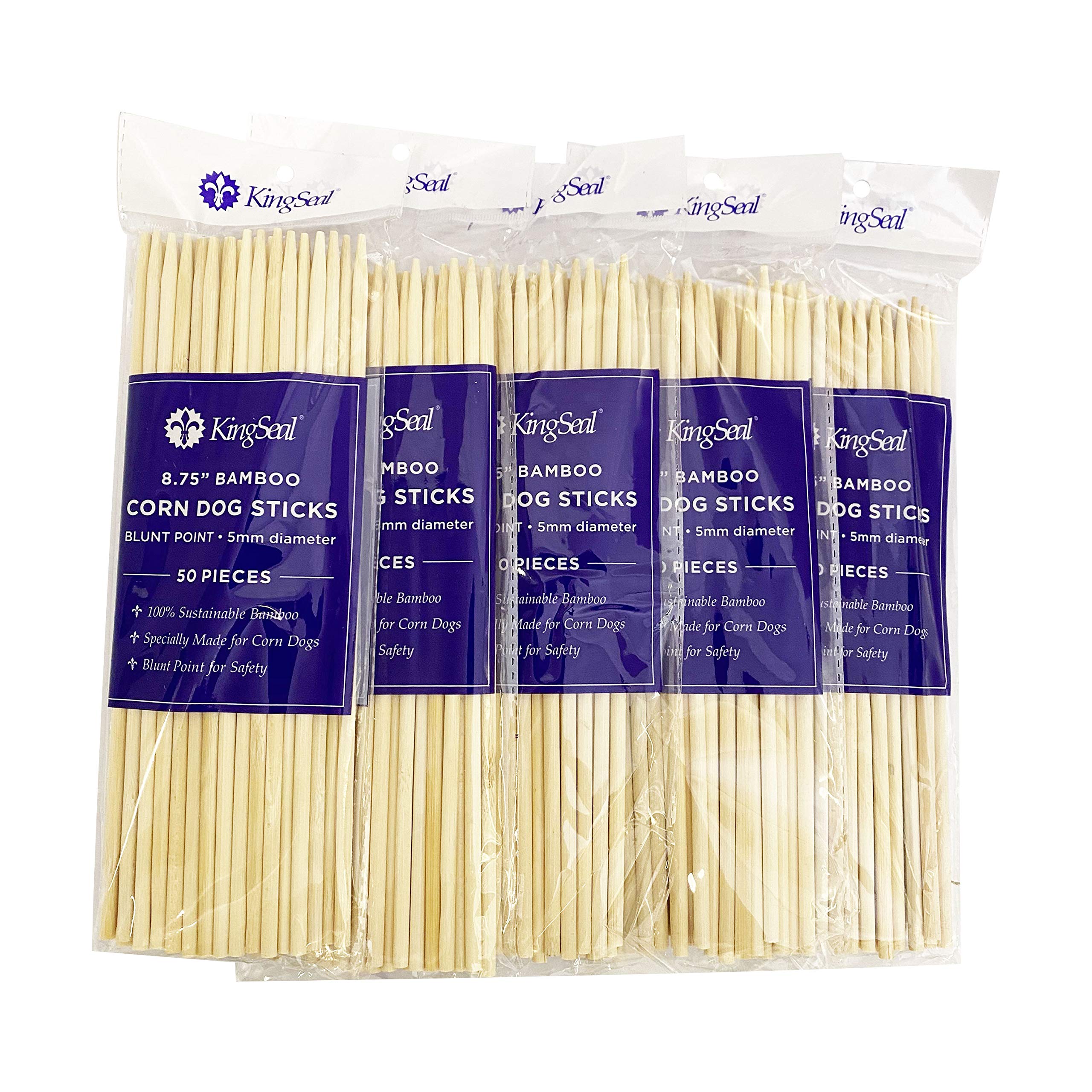 Kingseal Renewable Bamboo Wood Corn Dog Skewers, Sticks, 8.75 Inches X 5 Mm Diameter, Blunt Point For Safety, Retail Pack - 5 Ba