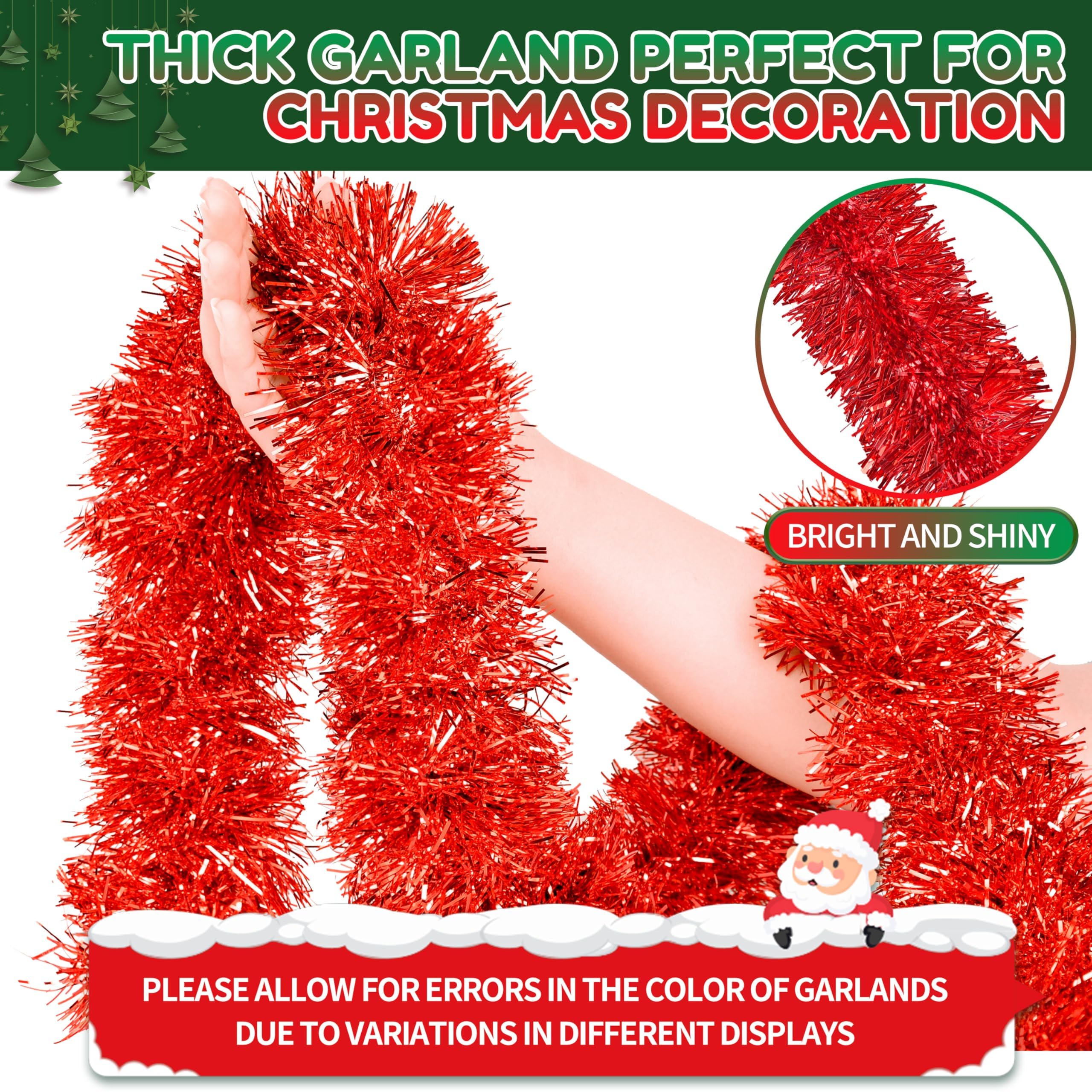 50 Ft Christmas Tinsel Garland Red Thick Tinsel Garland Xmas Tree Decorations Metallic Tinsel Twist Garland for Christmas, Birth