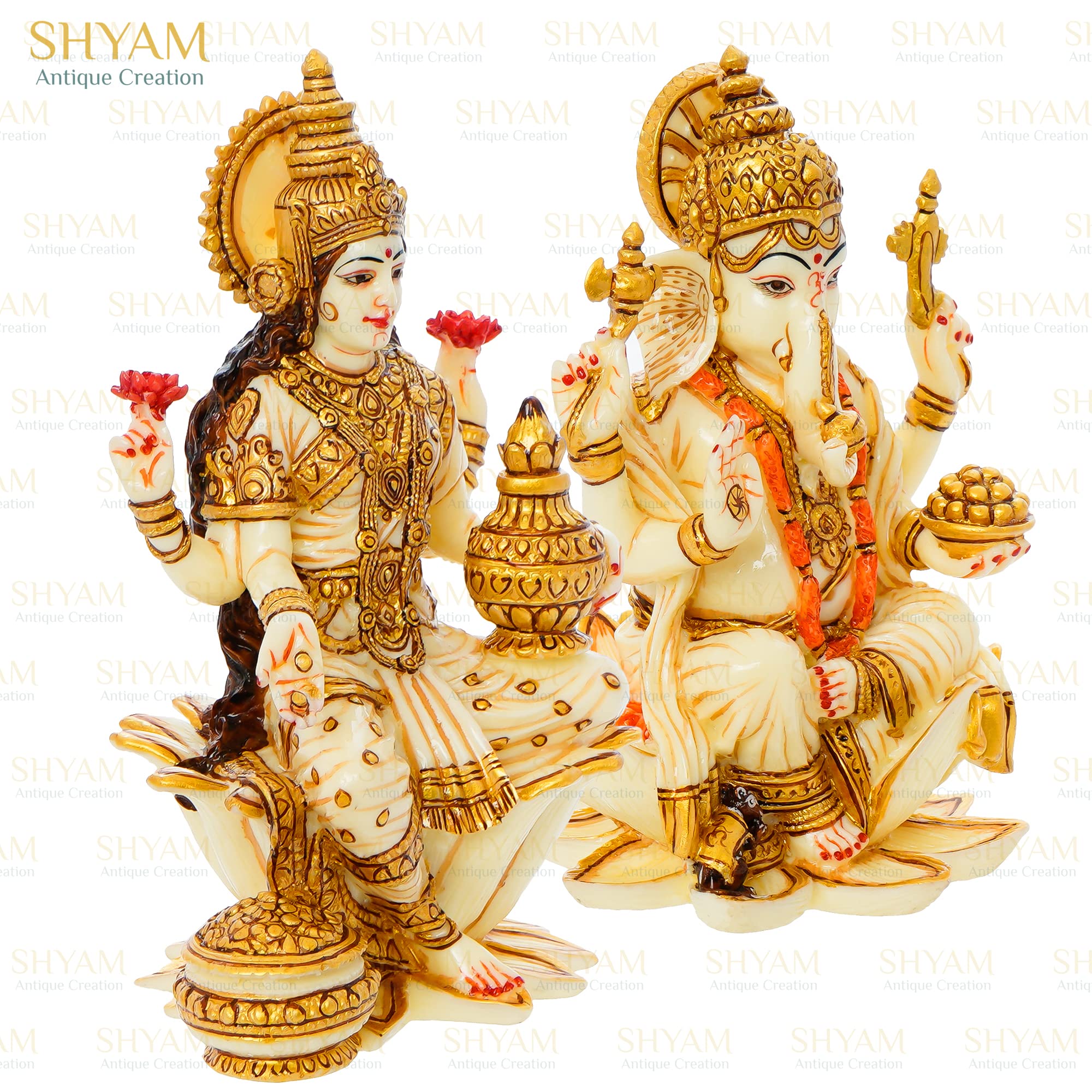 Shyam Antique Creation Goddess Lakshmi Ganesh Statue - Hand Painted Cultured Marble Pair Of Ganesha Idol Sculpture For Diwali Po