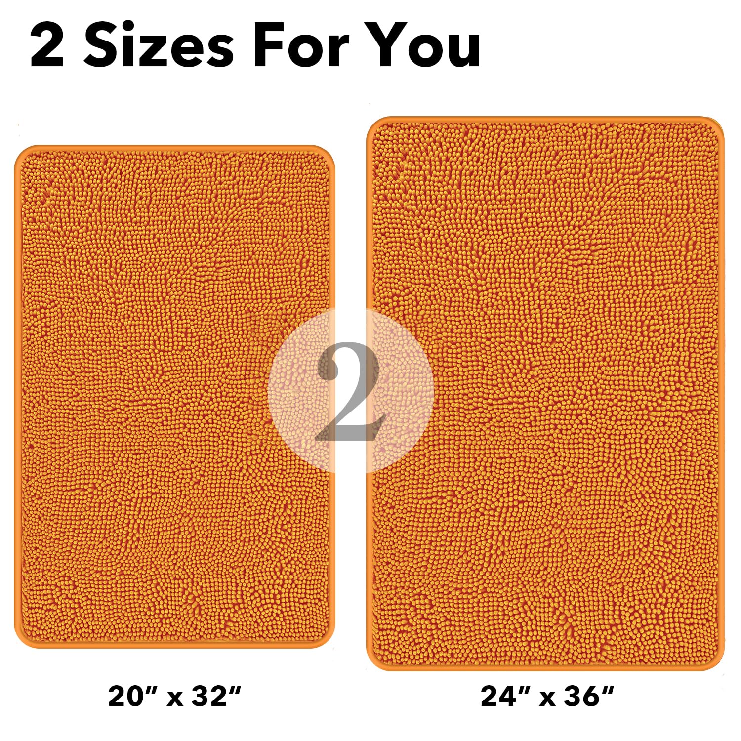 PureSwan Orange Chenille Bath Rugs Set - 2 Piece, Non-Slip, Absorbent, Washable - 20"x32" + 24"x36"