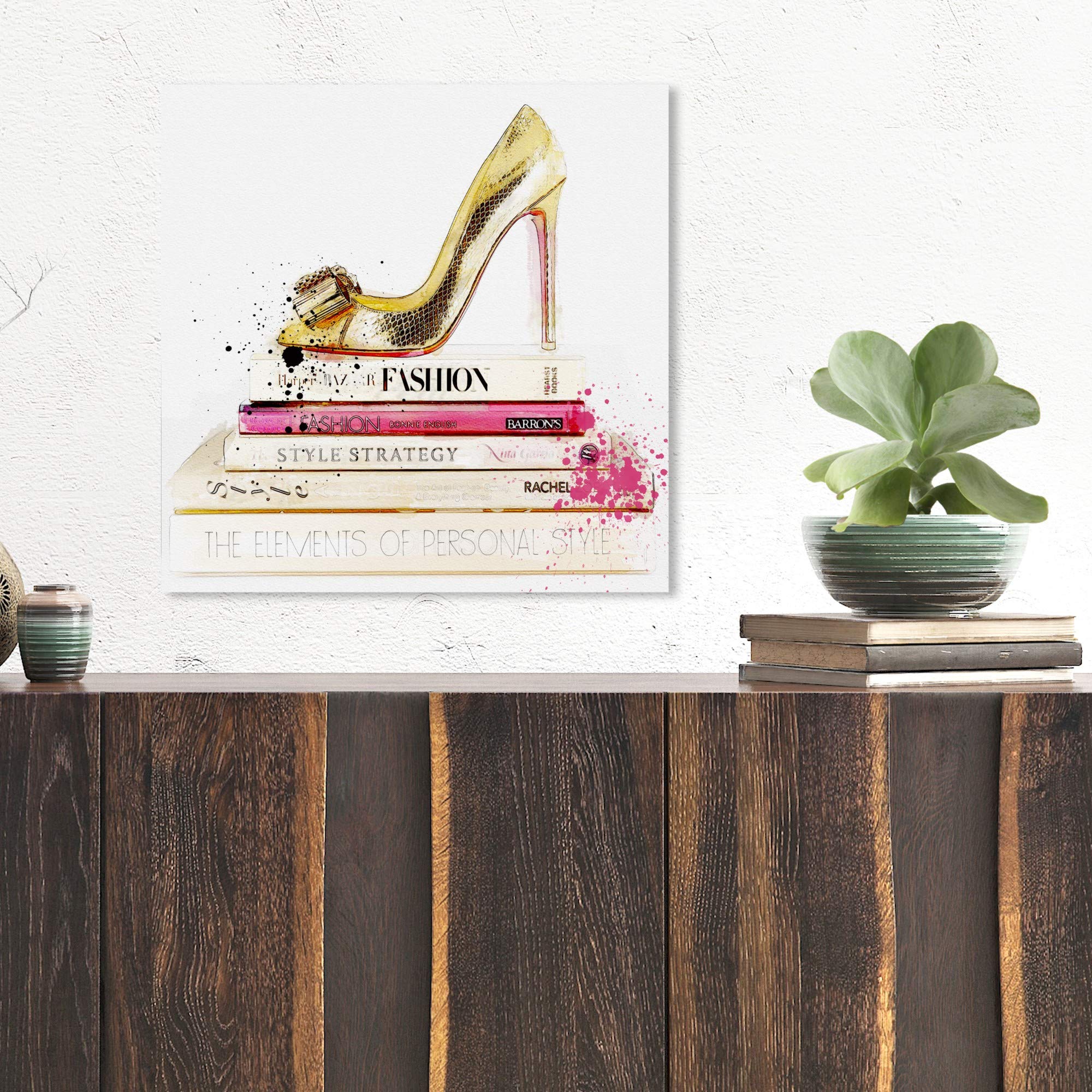 Gold Shoe And Fashion Books By Oliver Gal | Contemporary Premium Canvas Art Print. The Fashion Wall Art Decor Collection. 16X16