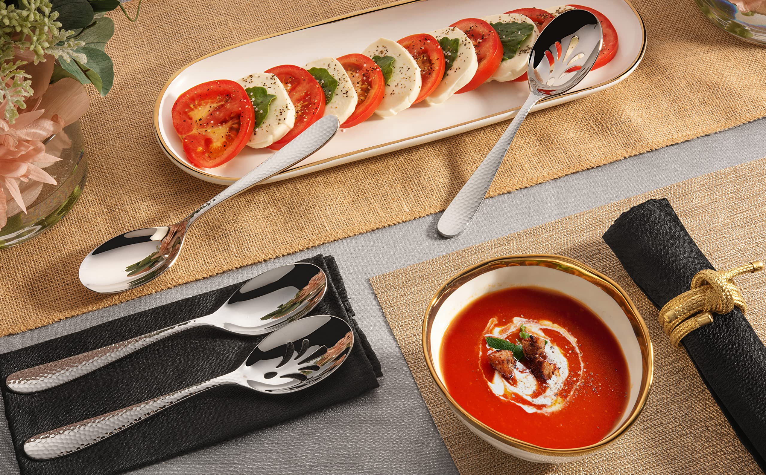 Hudson Essentials 9-Piece Bergamo Hammered 18/10 Stainless Steel Serving Fork & Serving Spoon Set - Flatware Silverware