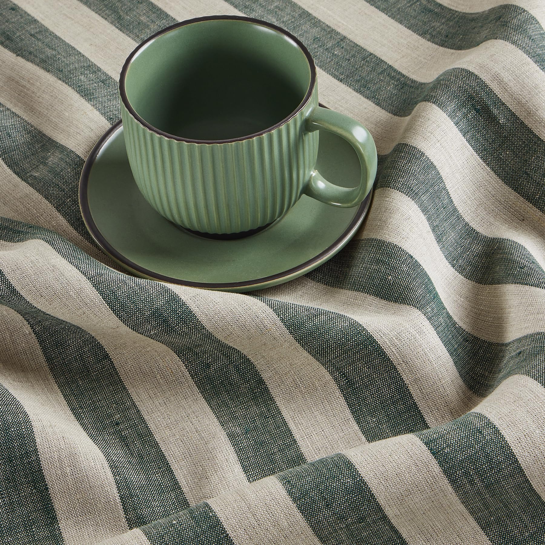 Solino Home Stripe Linen Placemats 19'' L X 14'' W Inch - 100% Pure Linen Hunter Green And Natural Cloth Placemats Set Of 4 - So