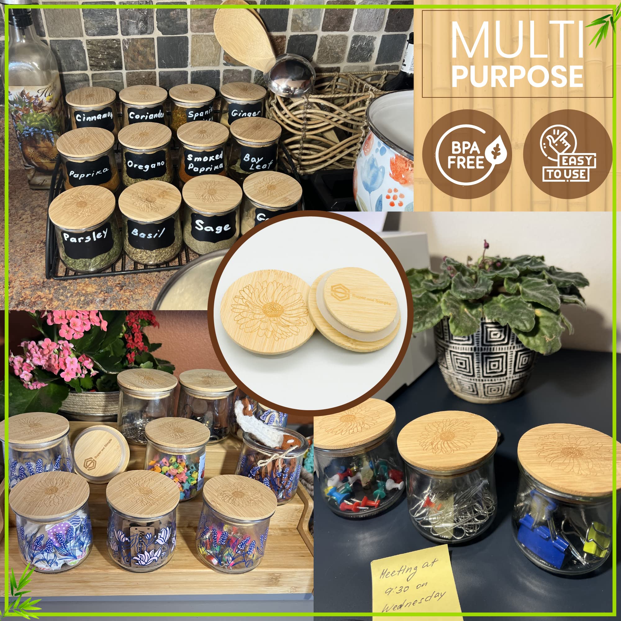 4-24 Lids With Aster Flower Design Or Another Design | Reusable Bamboo Wood Lids For Yoplait Oui Yogurt Jars With Airtight Seali