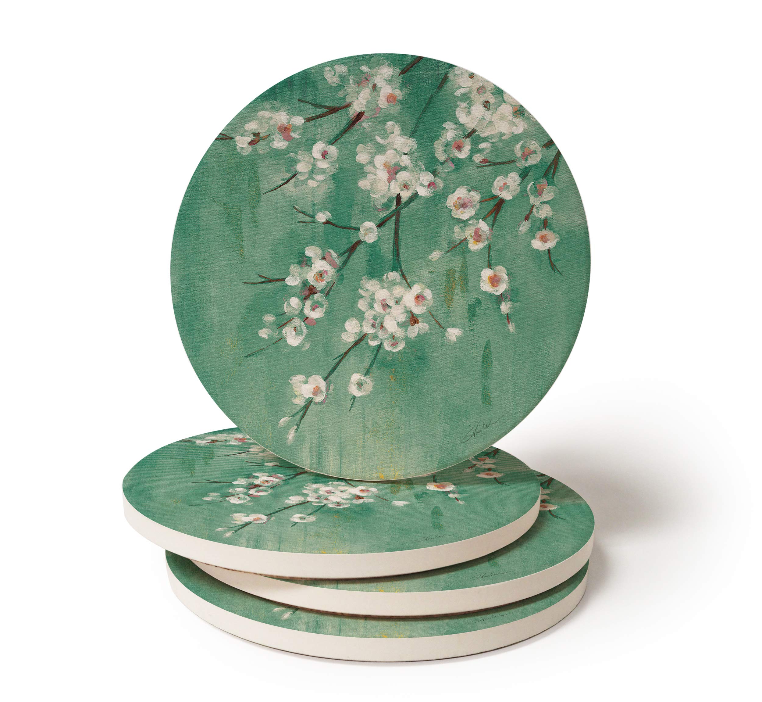 Coasterstone Teal Cherry Blossom Coasters For Drinks, Set Of Four