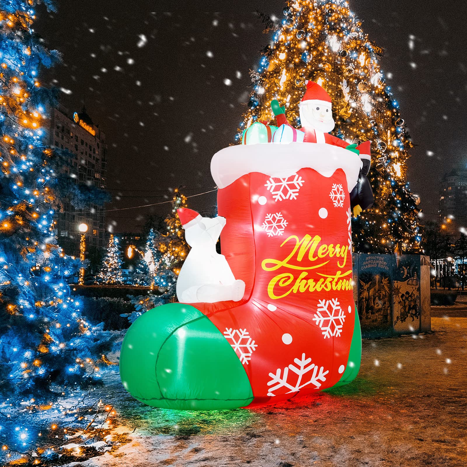 ASTEROUTDOOR 8FT Christmas Inflatable Decoration Bear Sitting on The Sock with Santa and Gift Box, Holliday Decoration, LED Ligh