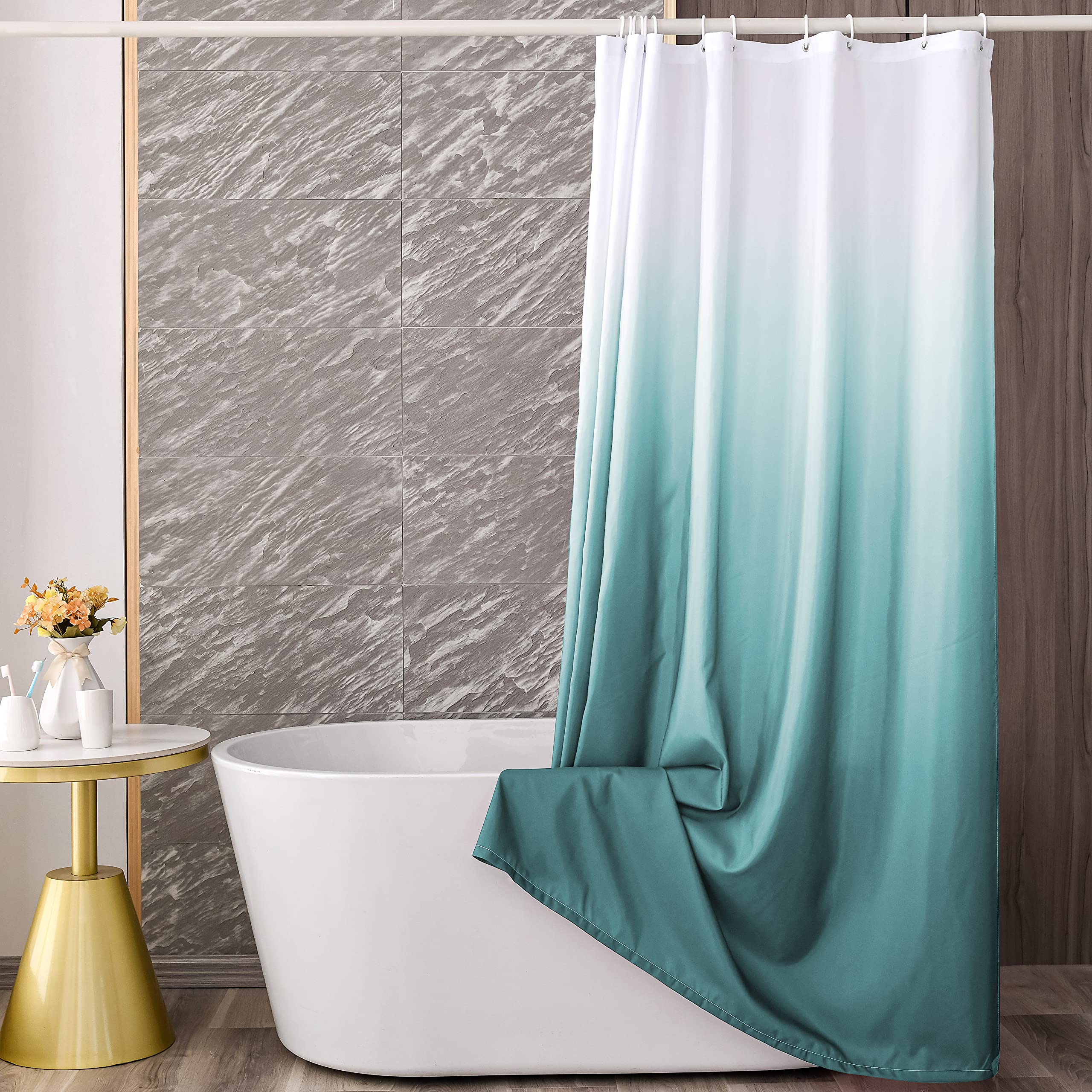 YI & ZE Teal Blue Ombre Shower Curtain Sets for Bathroom Accessories Fabric Polyester Waterproof Modern Shower Curtain Liner with 12 Hooks W72xL72