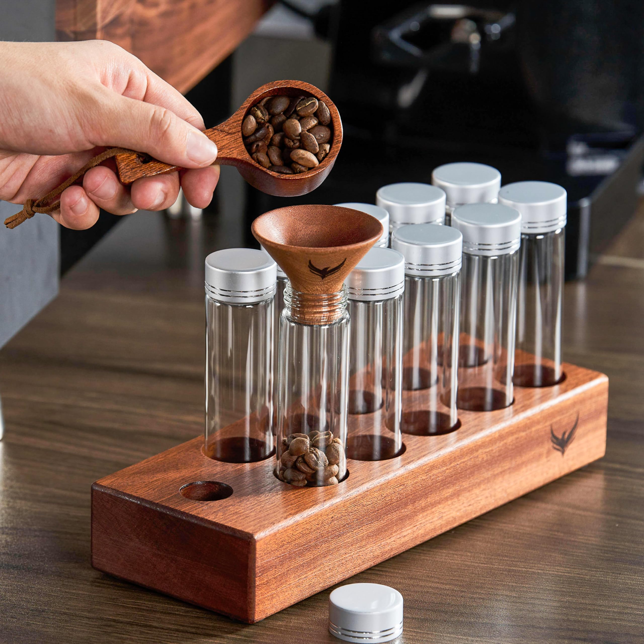 Single Dose Coffee Bean Storage Tubes Knodos Coffee Bean Cellar 10 Pcs Dosing Glass Vials With Lids (2 Oz) Wooden Display Stand