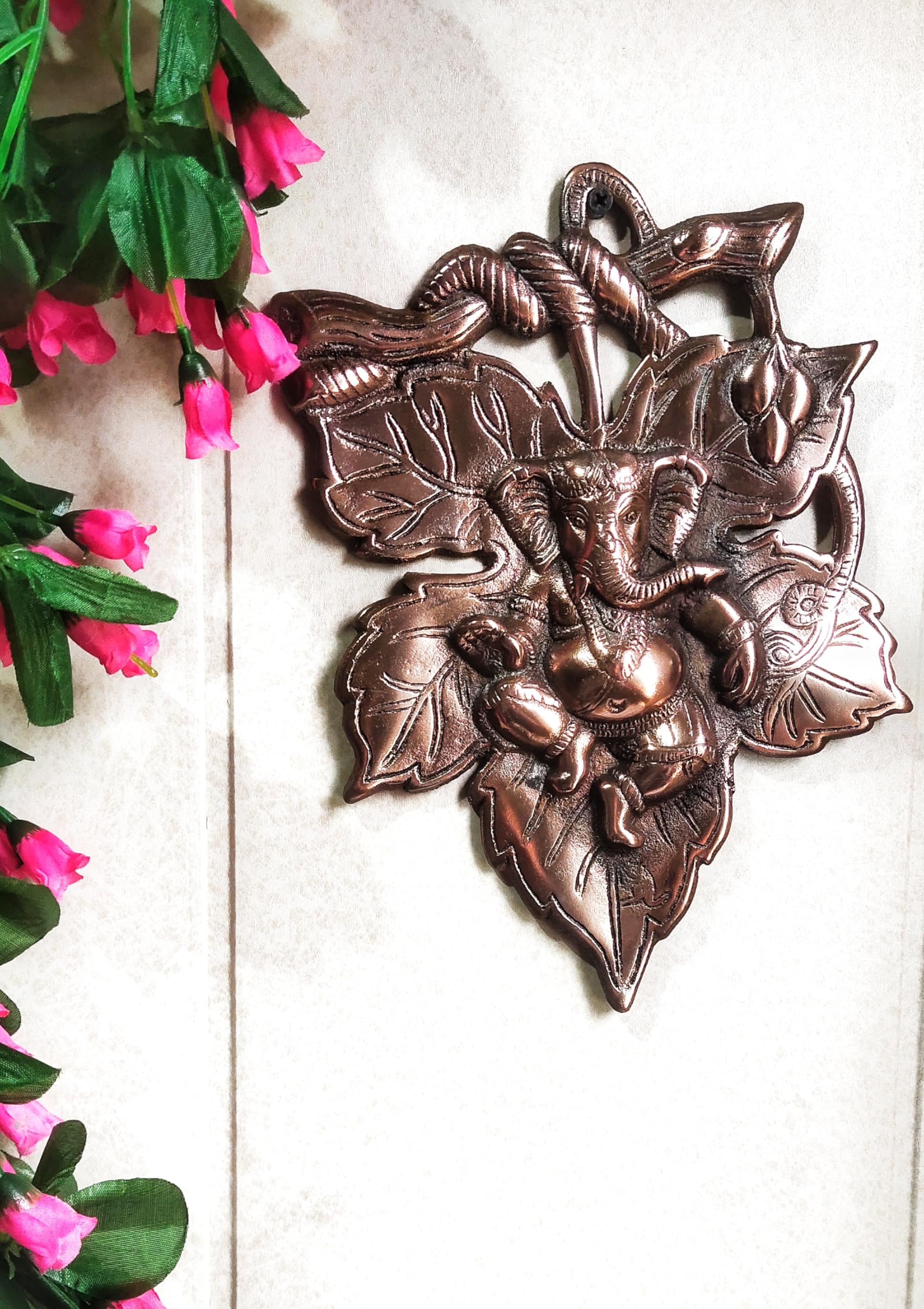 Blissful Decor Presents God Ganesha On Leaf Metal Wall Hanging Sculpture | Lord Ganesh Idol Home Decor Ganpati Lucky Feng Shui W