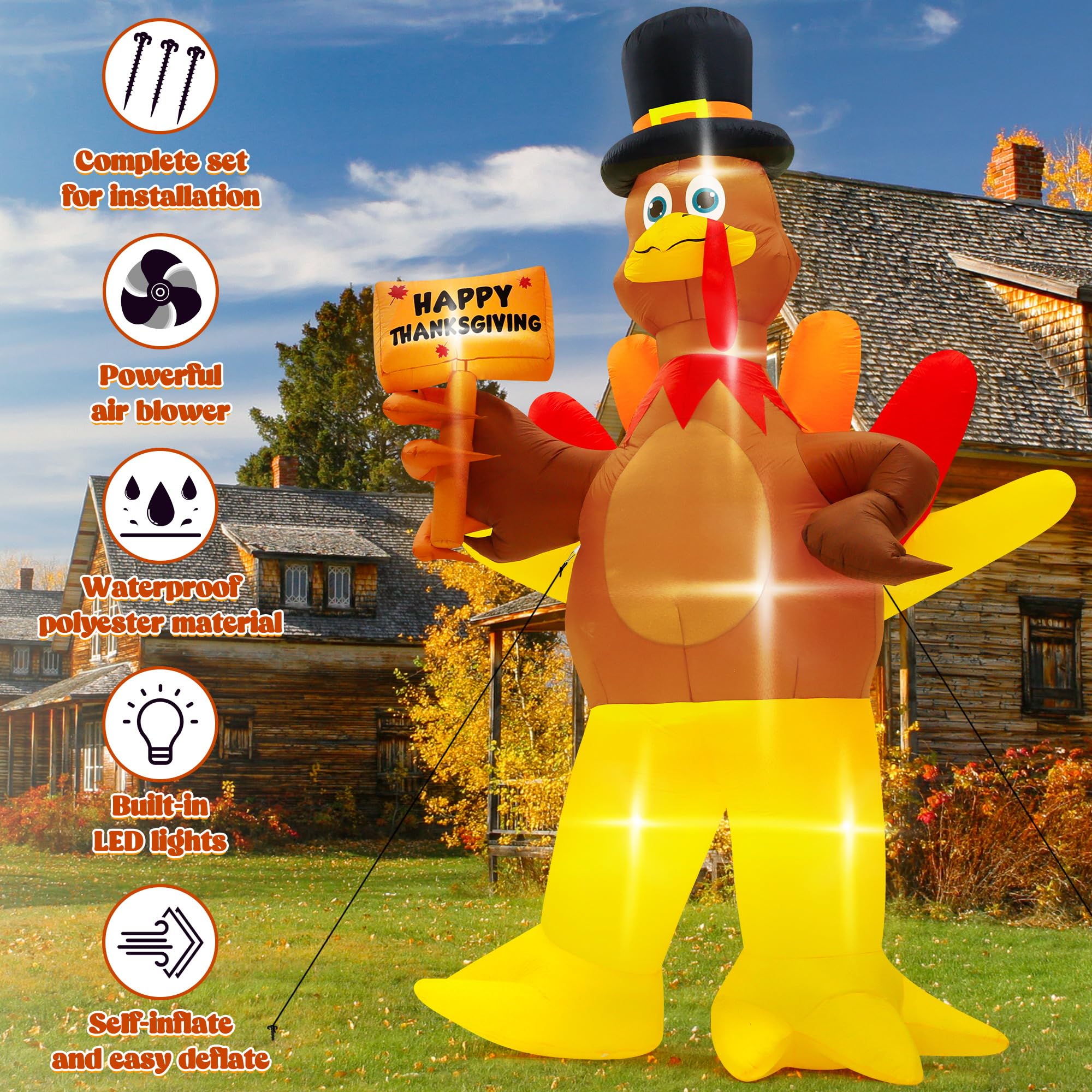 12FT Inflatable Turkey, LED Lighted Turkey Holding Happy Thanksgiving Sign for Fall Autumn Outdoor Yard Lawn Harvest Decor