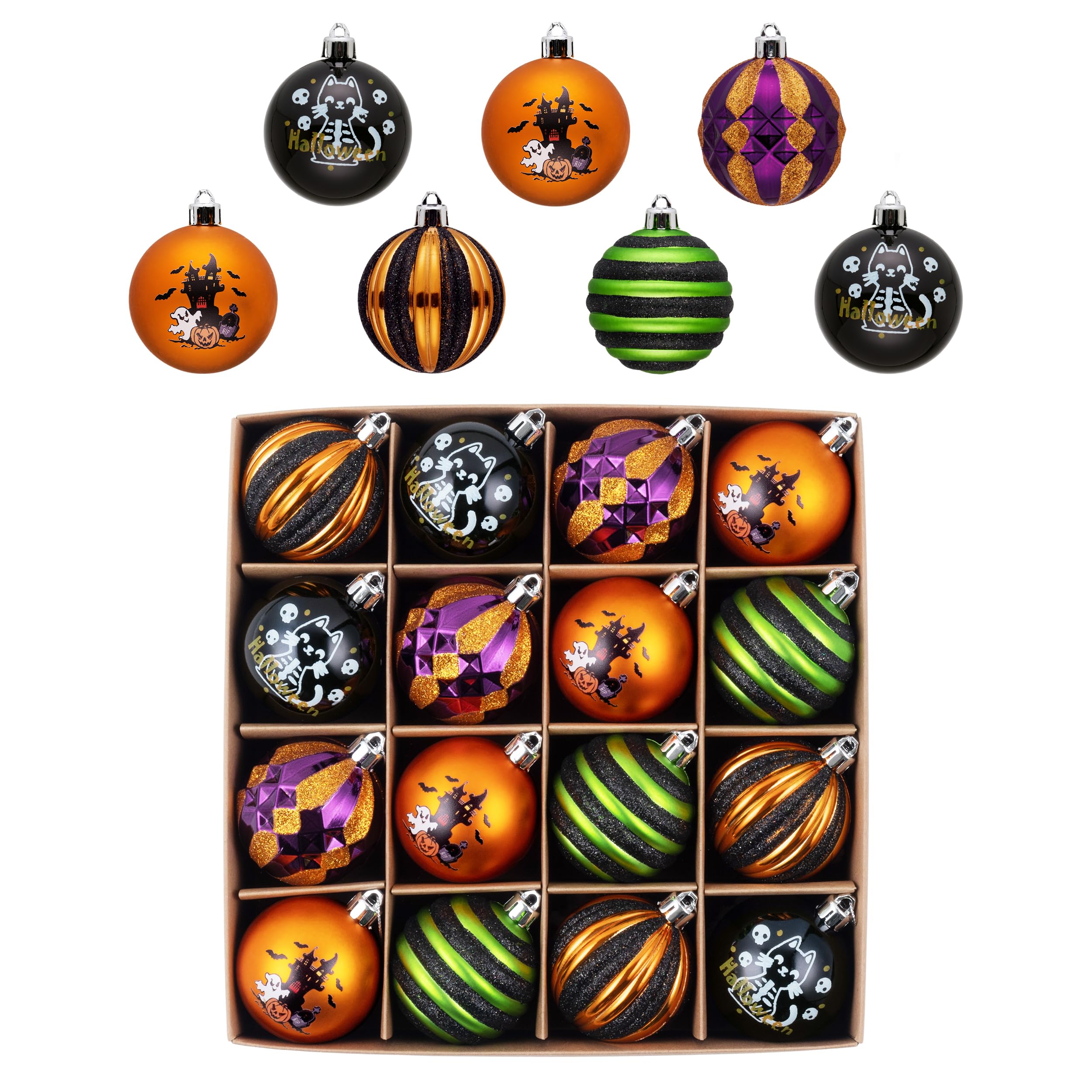 Valery Madelyn Halloween Ornaments Tree Decorations Indoor, 16ct 2 Inch Shatterproof Black Cat Castle Vintage Decorative Hanging