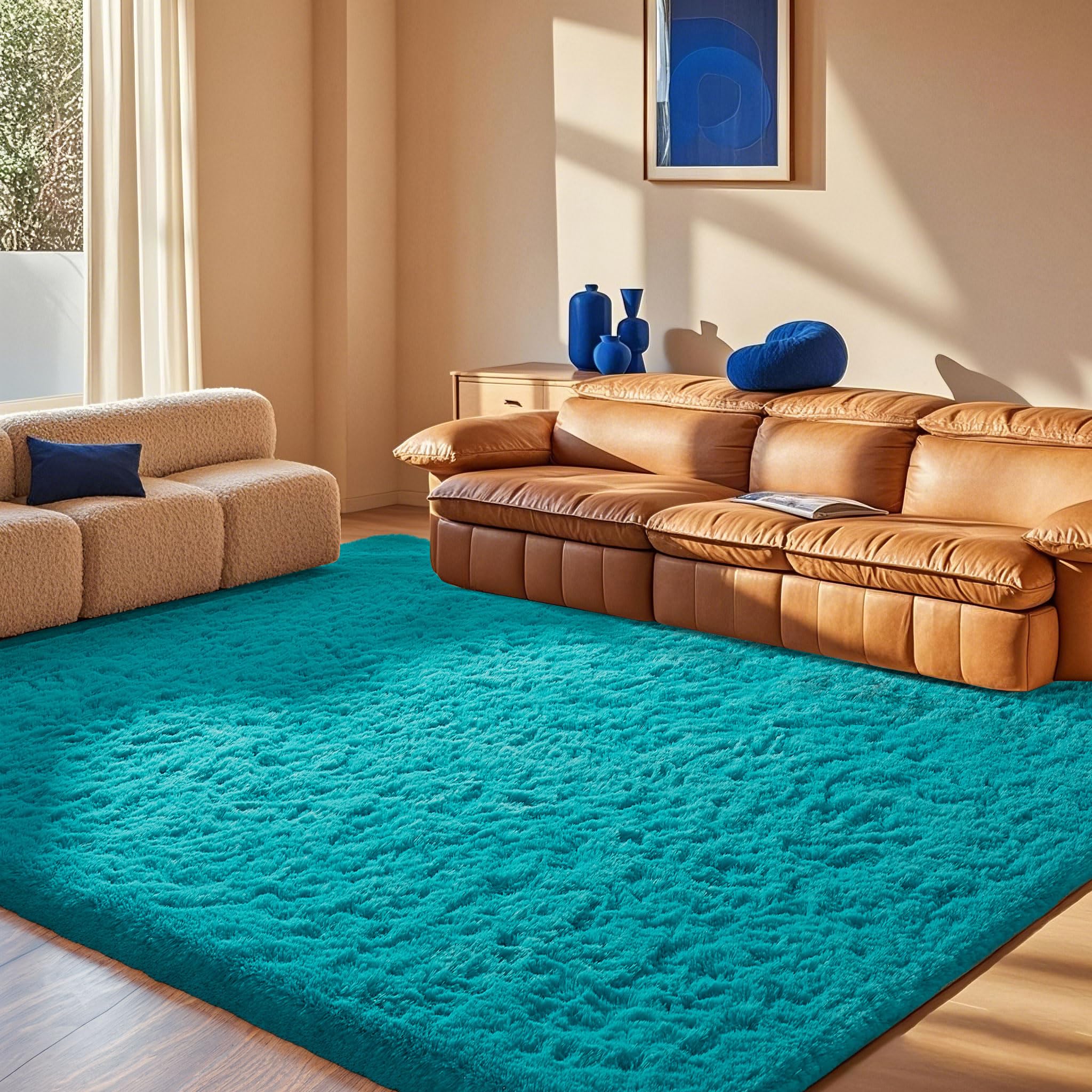 Ophanie Teal Rugs for Living Room Bedroom, 6x9 Fluffy Fuzzy Furry Carpet, Plush Soft Shaggy Bedside Indoor Floor Area Rug for Ki