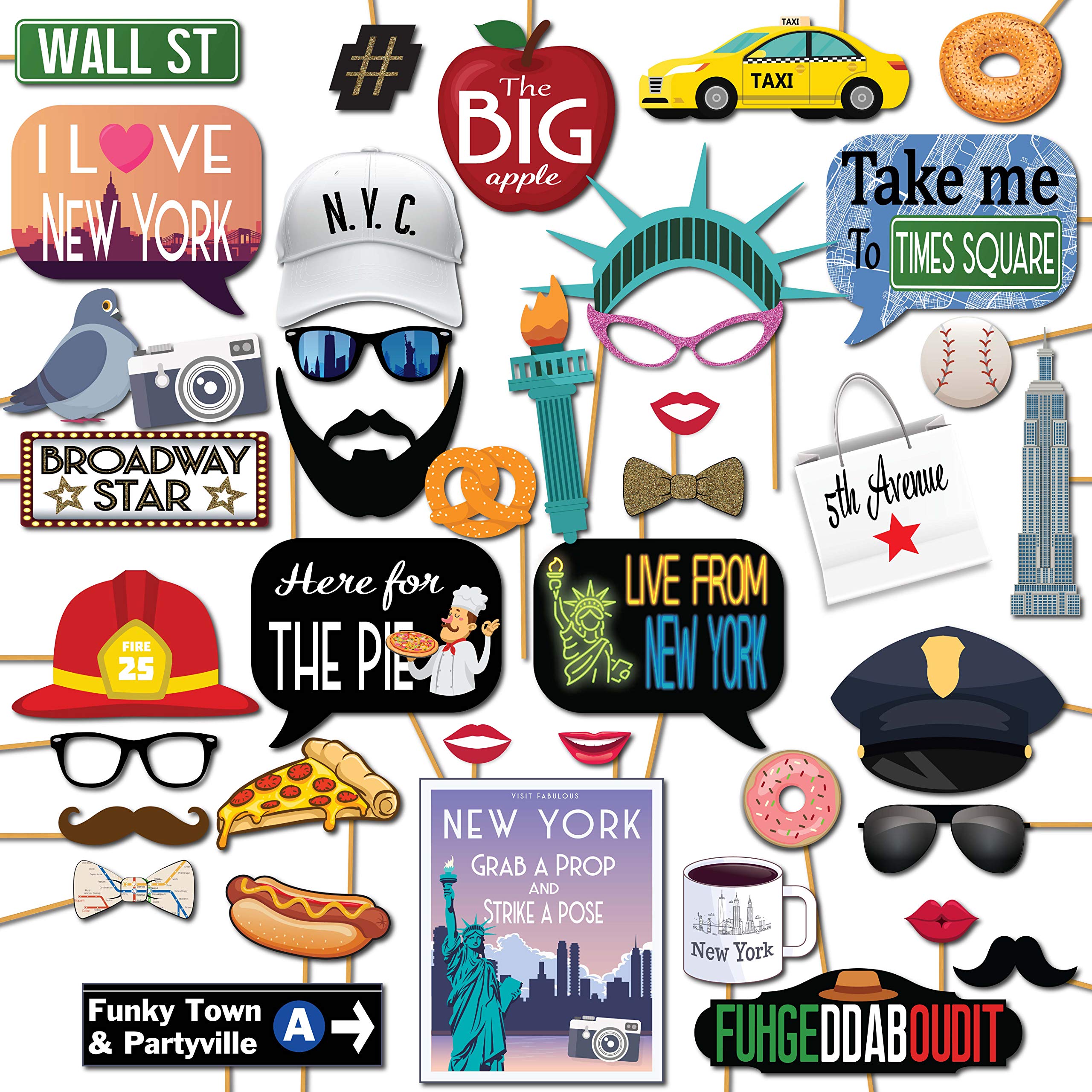 New York Photo Booth Props  41pc Photo Booth Kit with 8 x 10Inch Sign, 60 Adhesive Pads, 45 Sticks  NYC Props  New York The